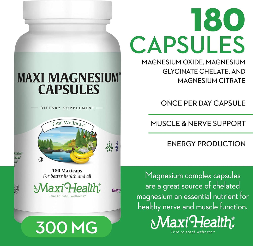 Magnesium Capsules - Energy Production - Muscle & Nerve Health - Bone Support - Magnesium Supplement from Magnesium Oxide, Magnesium Glycinate Chelate and Magnesium Citrate - 180 Count by Maxi Health