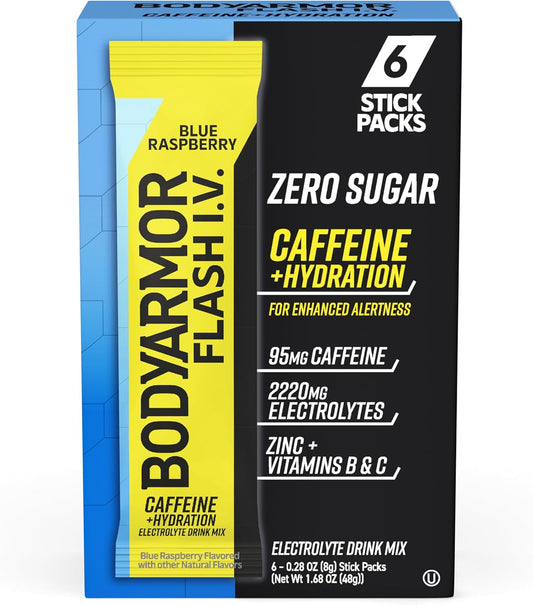 BODYARMOR Caffeinated Flash I.V. Electrolyte Packets Blue Raspberry - Zero Sugar Energy Drink Mix, Single Serve Packs, Hydration for Pre Workout, Travel Essentials, Active Lifestyle (6 Count)