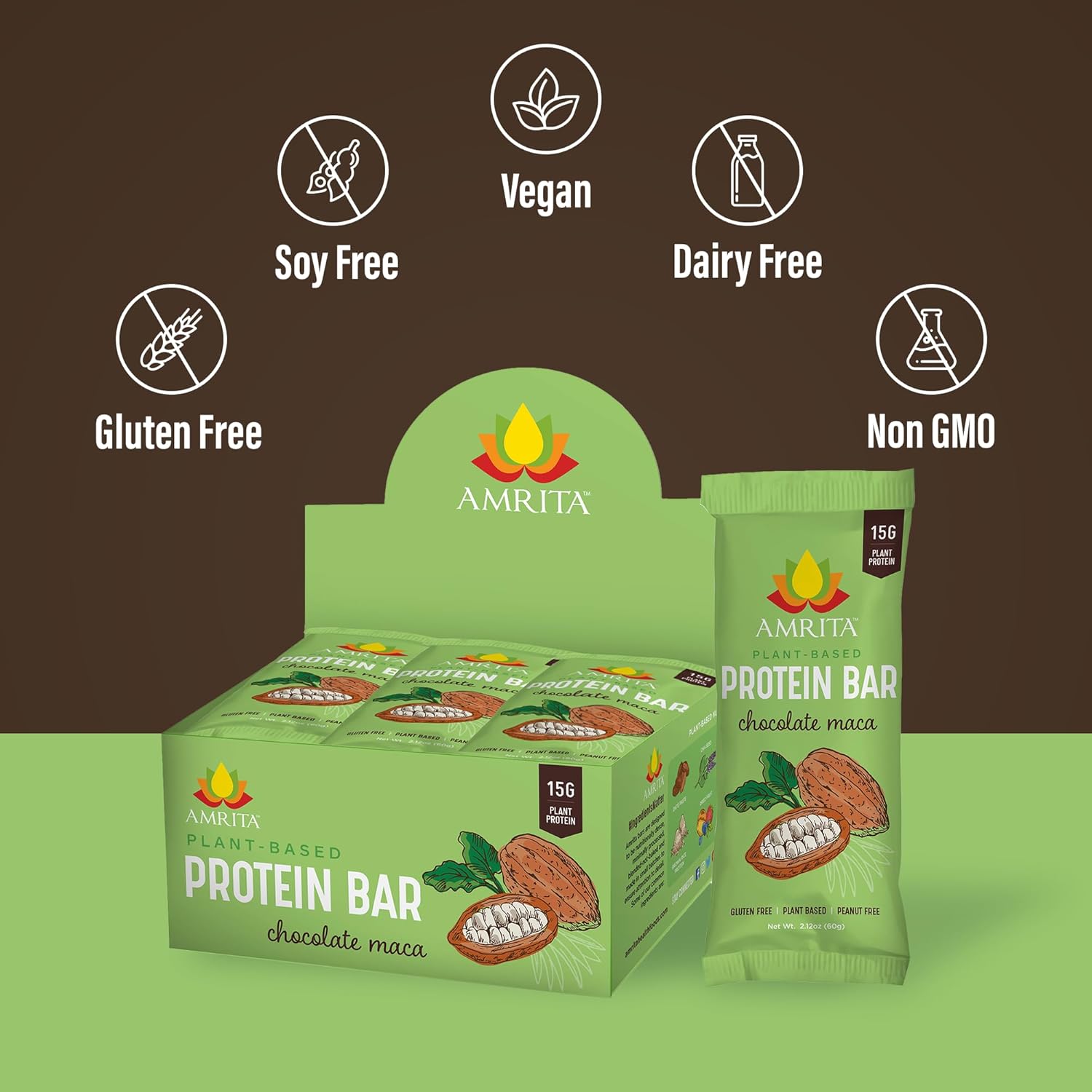 Amrita Nut Free Chocolate Maca Vegan Protein Bars (12 Count PK of 3) | 12g Plant-Based Protein Bar | Peanut Free, Gluten Free, and Dairy Free | Low Sugar, High Fiber, Healthy School-Safe Snacks