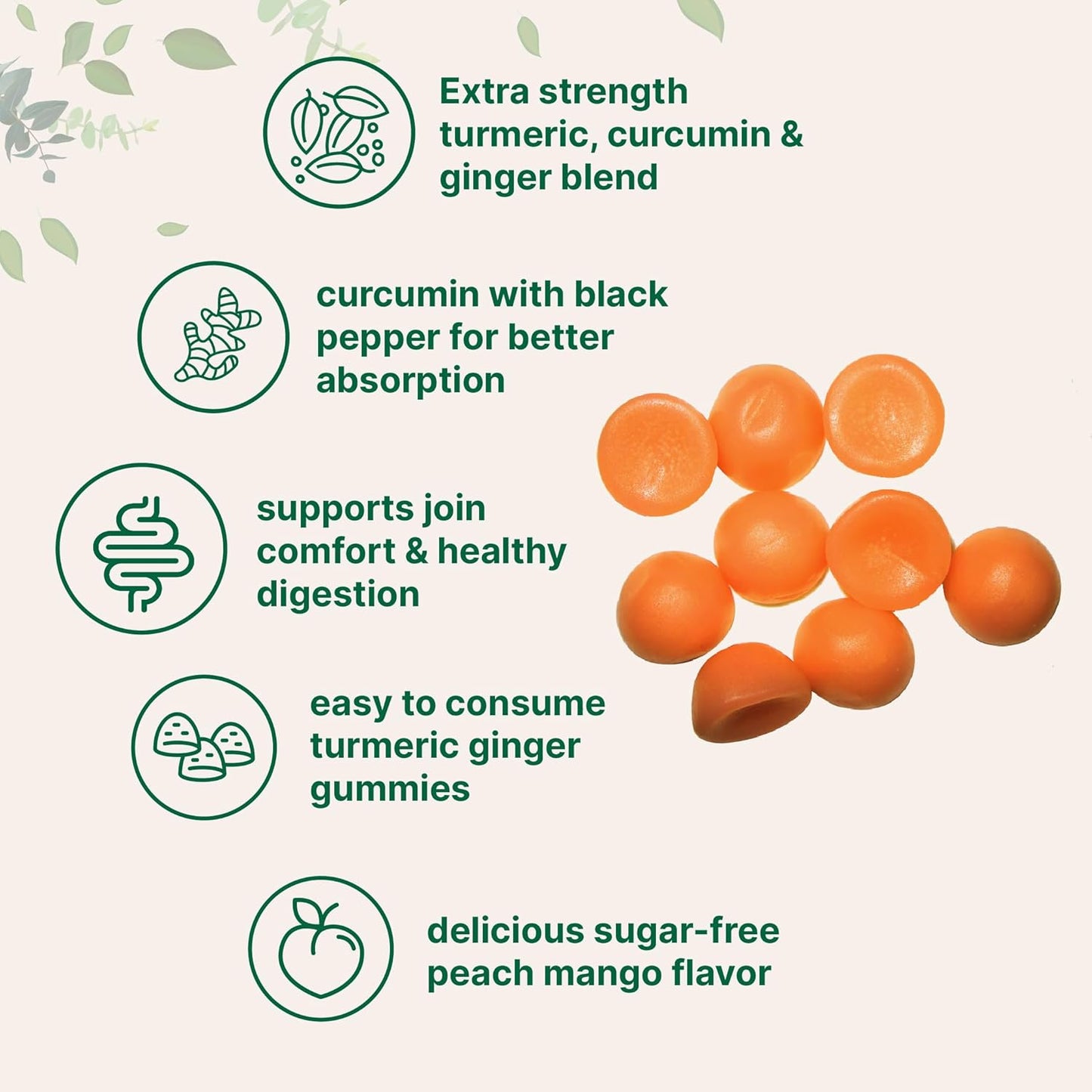 Turmeric Ginger Gummies, 120 Count | Sugar Free Peach Mango Flavored | Extra Strength Curcumin with Black Pepper for Enhanced Absorption | Non-GMO