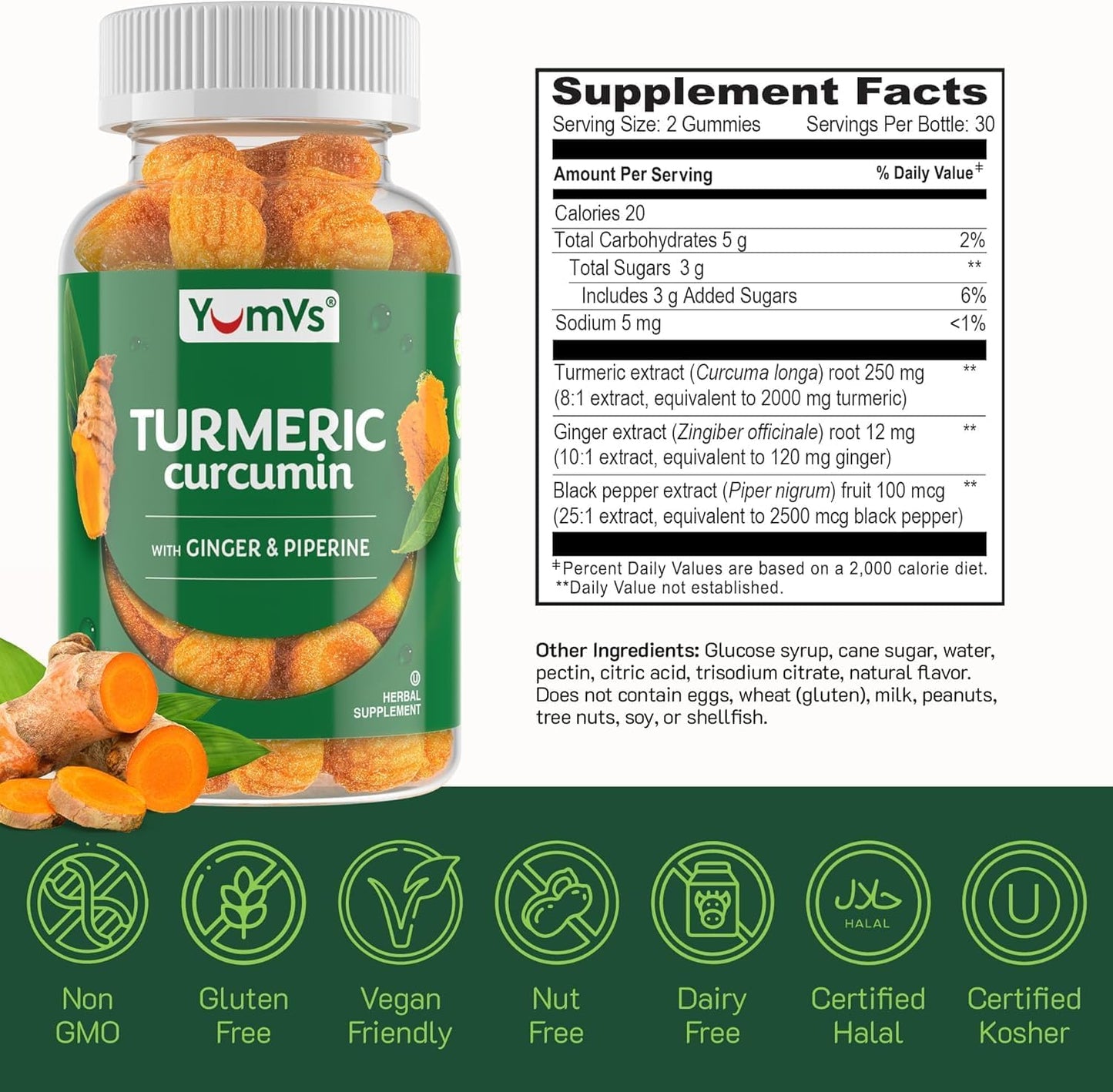 YumV's Turmeric Gummies with Ginger and Piperine - Peach Flavored Gluten Free Vegetarian Turmeric Ginger Supplement with Black Pepper 60 Count (Pack of 2)