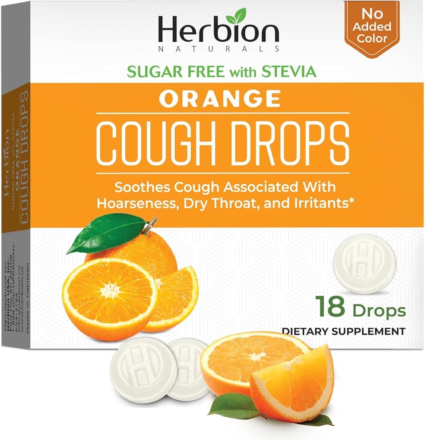 HERBION Naturals Cough Drops, Sugar Free with Stevia, Dietary Supplement, Soothes Cough, for Adults & Children Over 6 Years,18 Count, Orange, Pack of 1