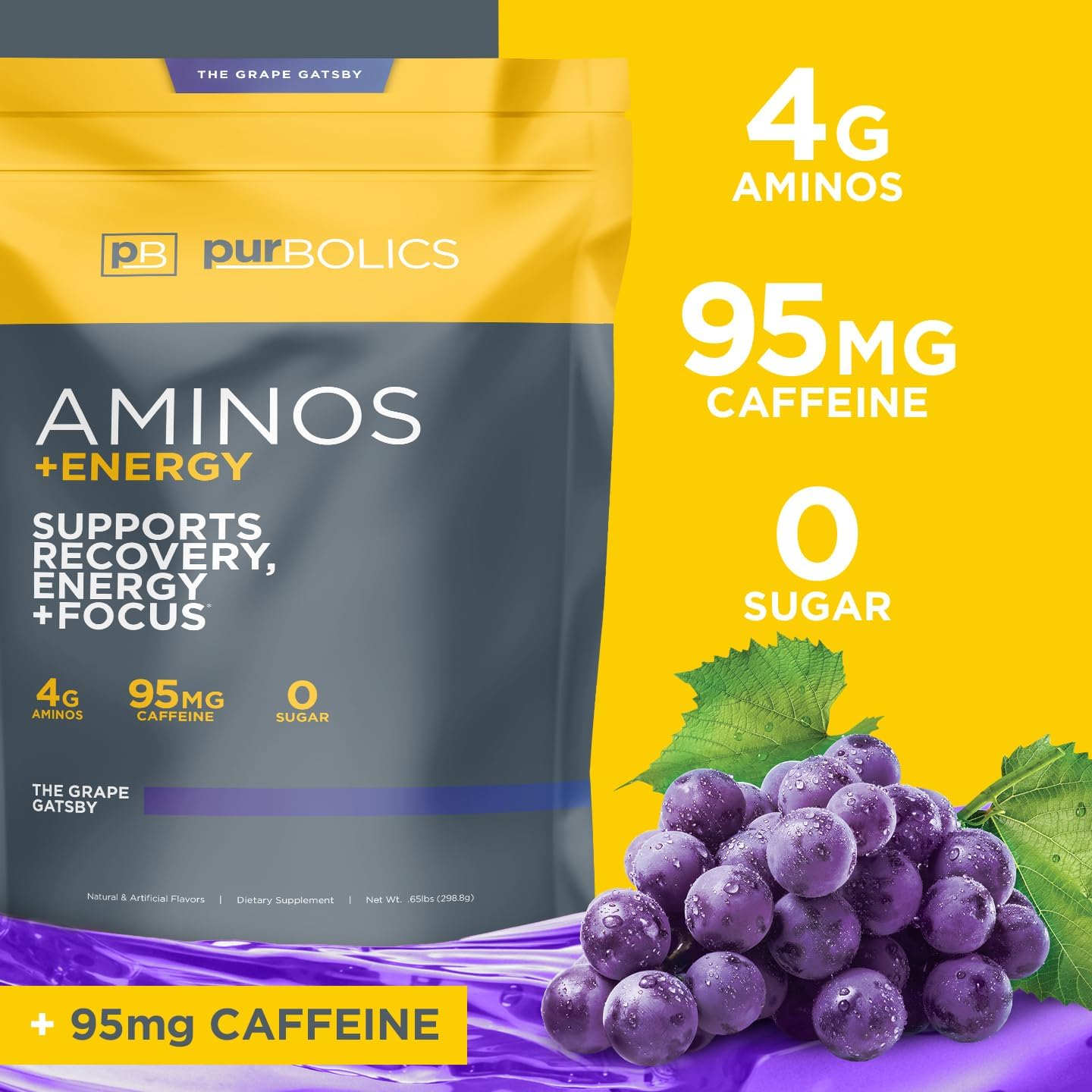 Purbolics Aminos + Energy | Supports Recovery, Energy & Focus | 95mg of Caffeine, 0 Sugar & 60 Servings (The Grape Gatsby)