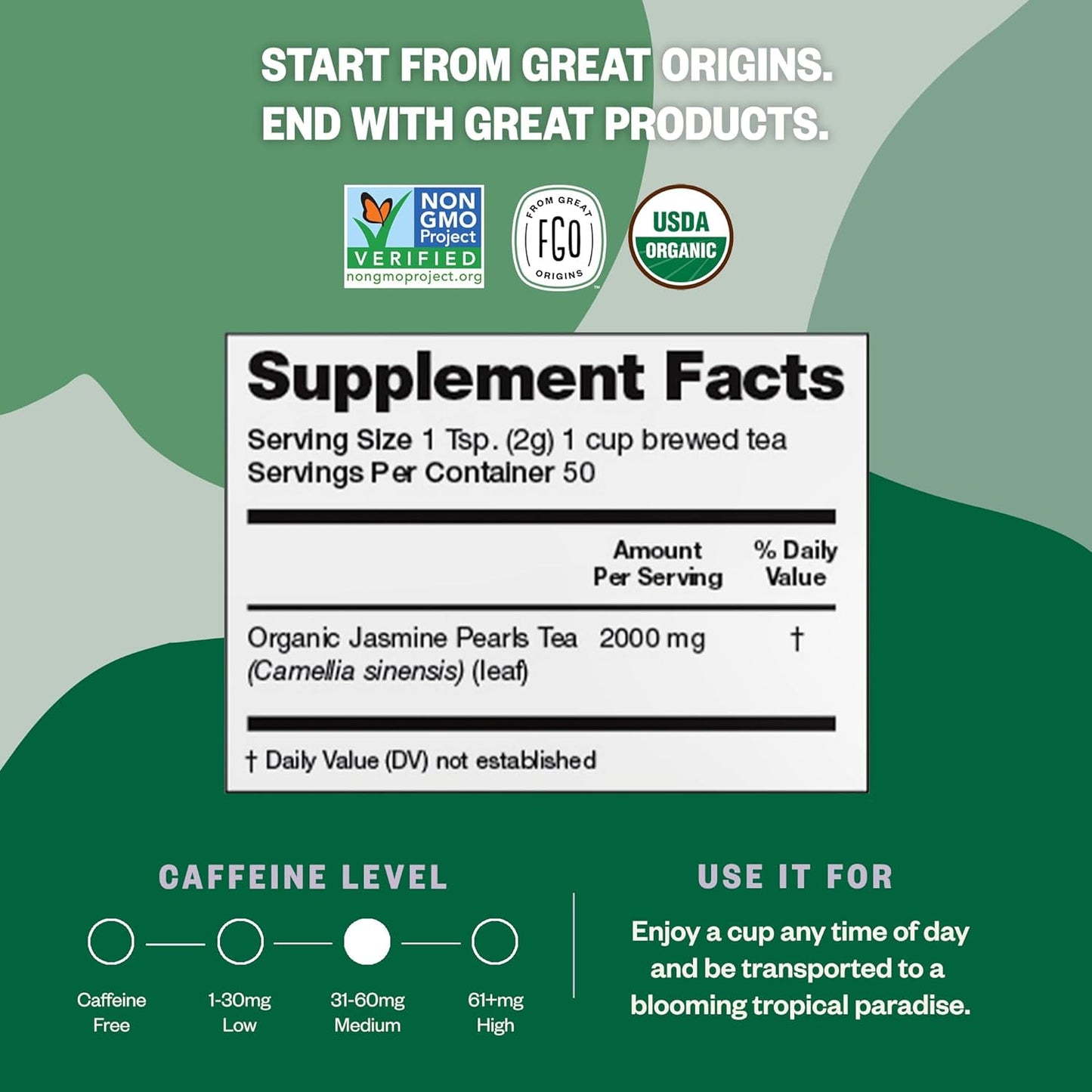 FGO Organic Jasmine Pearl Green Tea, Four Ounce, Loose Leaf, Resealable Bag, Packaging May Vary (Pack of 1)