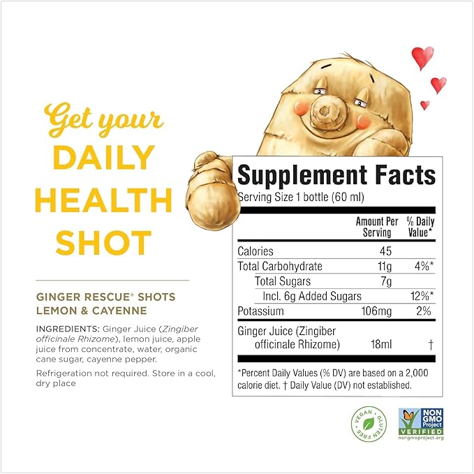 Ginger Rescue Shots by The Ginger People – Energy Boosting, Caffeine Free Energy, Digestive Heath, Lemon & Cayenne Flavor, 2 Fl Oz (Pack of 12)