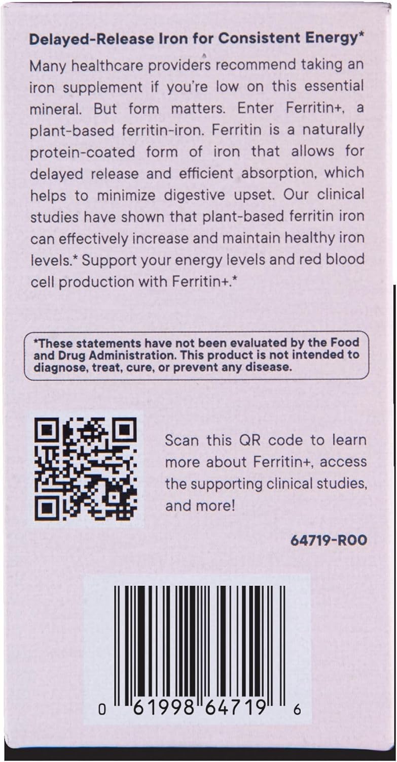 Flora Ferritin+ Delayed-Release Iron Supplement - Plant-Based Iron Supplement - Blood Cell & Energy Support - Vegan & Gluten-Free - Amber Glass Bottle - 60 Vegan Capsules