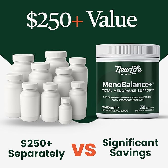 NewLife Naturals MenoBalance+ One Scoop a Day Menopause Supplements for Women 40+ - Collagen Powder Protein, Probiotic, Vitamin & Botanical Blend for Skin, Mood, Energy, Urinary & Menopausal Wellness