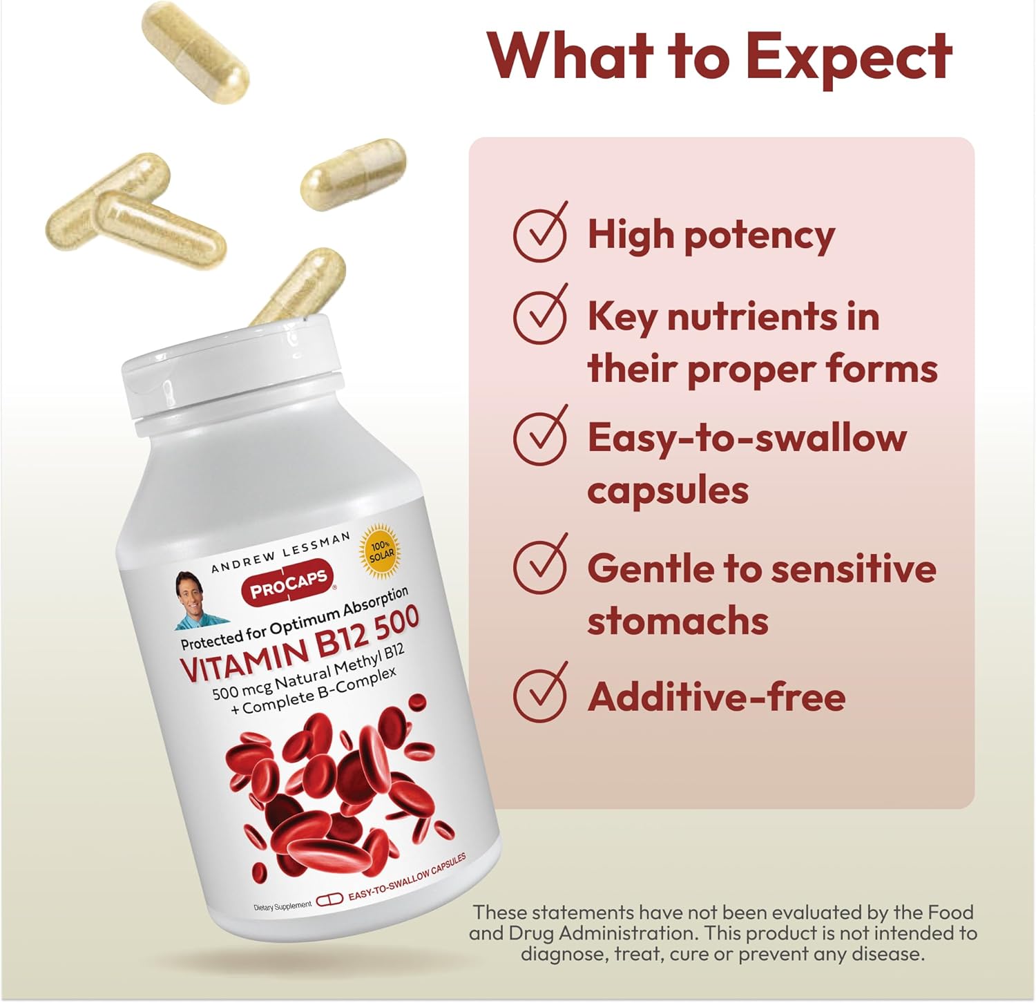 ANDREW LESSMAN Vitamin B12 500 180 Capsules - Absorption-Protected Methylcobalamin (Natural Coenzyme Vitamin B12), Essential for Energy and Stress Support, Plus B-Complex, Easy to Swallow Capsules