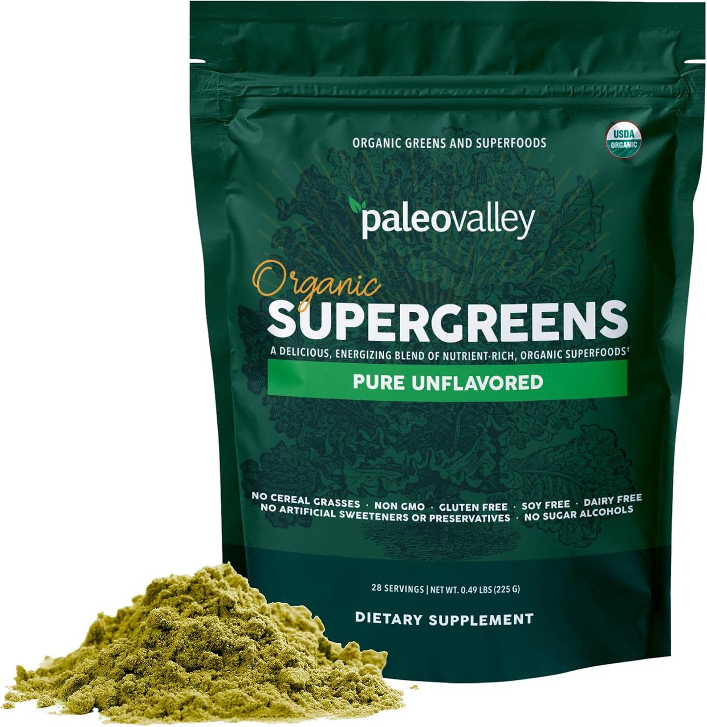 Paleovalley Organic Supergreens Powder - 23 Superfoods with Prebiotic Fiber for Energy and Immunity Support - No Cereal Grasses for Maximum Absorption - Pure Unflavored, 28 Servings