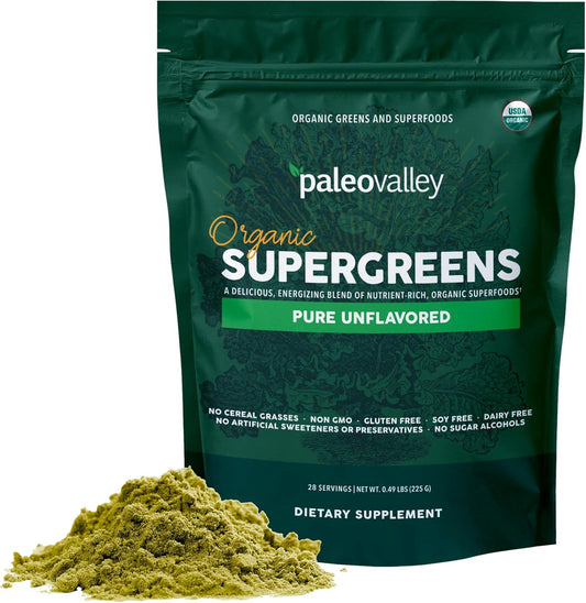 Paleovalley Organic Supergreens Powder - 23 Superfoods with Prebiotic Fiber for Energy and Immunity Support - No Cereal Grasses for Maximum Absorption - Pure Unflavored, 28 Servings