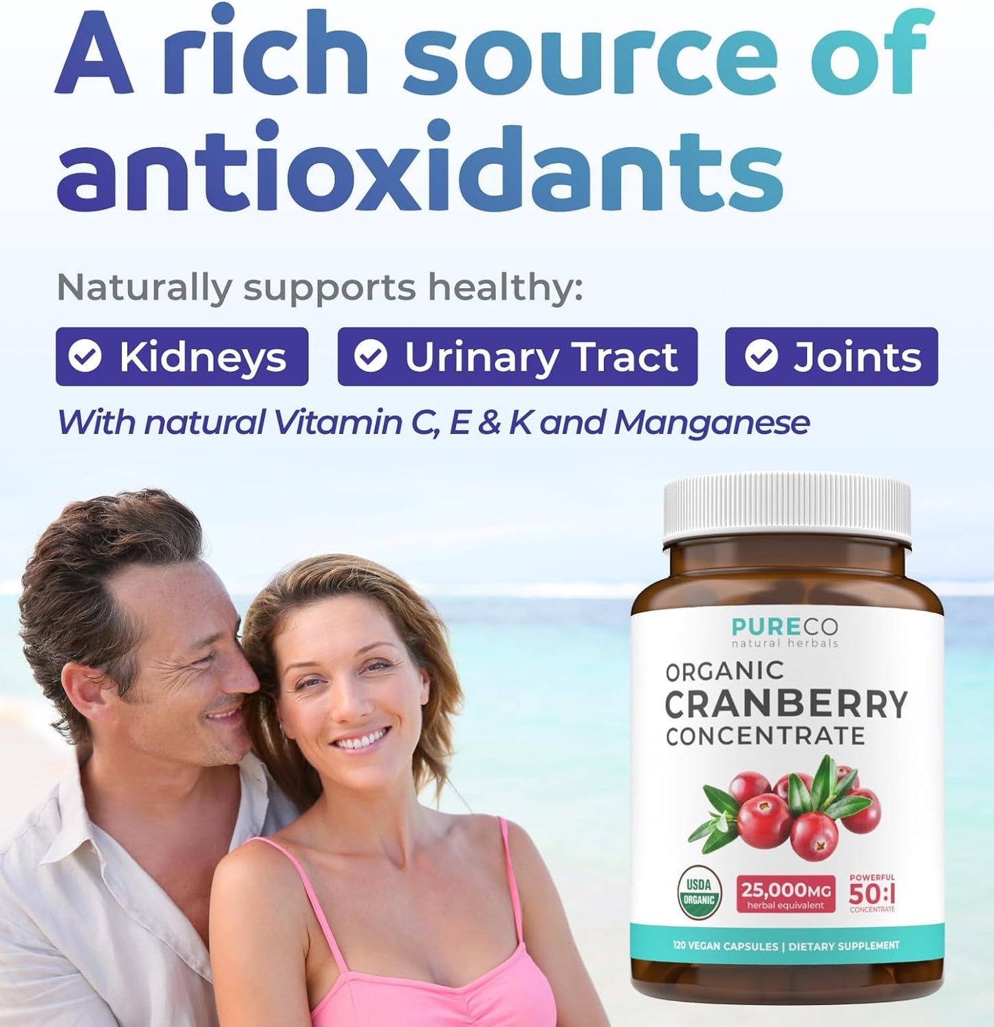 Organic Cranberry Extract Capsules - Super 50X Potency Cranberry Pills for Women to Support Urinary Tract Bladder and Kidney - Vegan Non-GMO USDA Organic & North American Sourced (4 Month Supply)