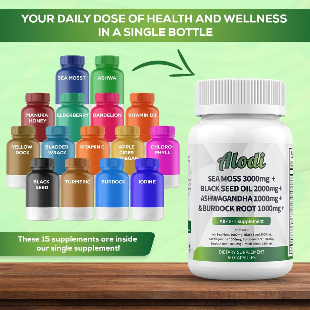 Super Sea Moss Blend - Advanced Formula with Ashwagandha KSM 66, Black Seed Oil, Burdock Root, Bladderwrack, Turmeric, ACV, Ayurveda - Lab Tested for Maximum Potency for Men and Women (2 Bottles)