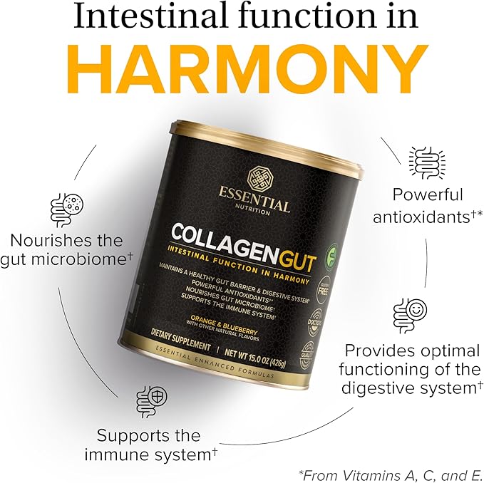 Essential Nutrition - Collagen Gut - Collagen Peptides Powder - Gut health supplement Immunity - Prebiotic Fiber, Turmeric Extract, FODMAP Friendly, Sugar-Free - Orange & Blueberry- 15oz (20 Servings)