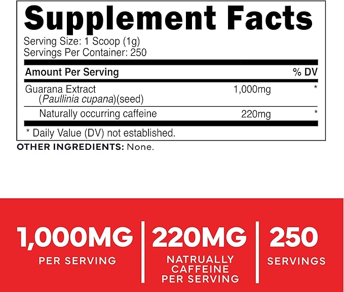 Type Zero Clean Guarana Powder Drink Mix (250 Servings, Unflavored) - 220 MG Caffeine Per Serving, Natural Caffeine, Non GMO, Gluten Free
