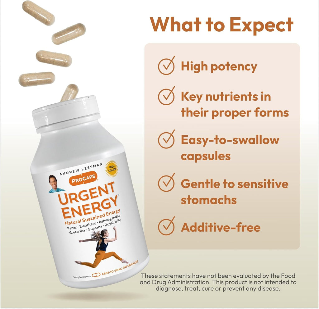 ANDREW LESSMAN Urgent Energy 60 Capsules - Provides a Safe, Healthy Means of Enhancing Energy Levels and Feelings of Well-Being, Green Tea, Guarana, Ginseng, Royal Jelly, Ashwagandha, B-Complex