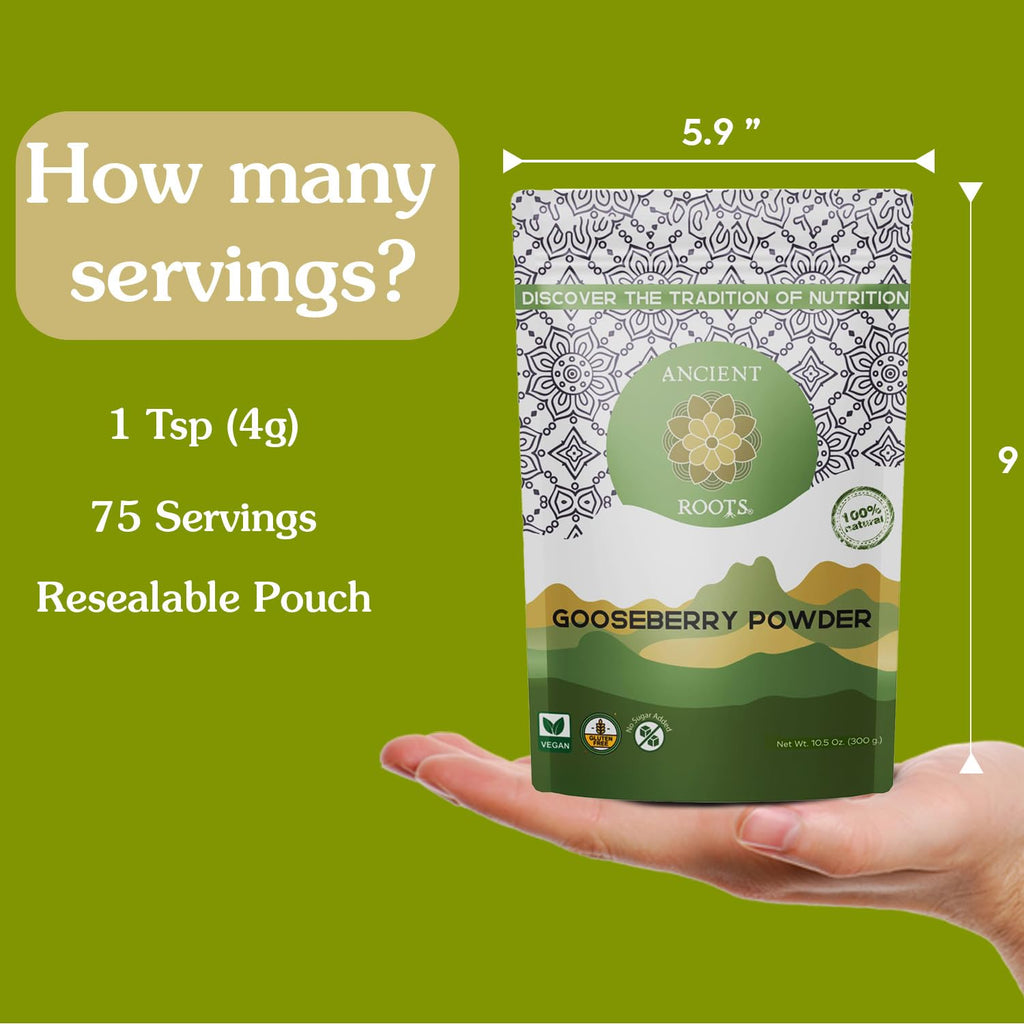 Ancient Roots Gooseberry Powder -100% Pure & Natural, Non-GMO, Gluten-Free, Finely Ground Amla for Smoothies, Teas, and Recipes, 10.5 oz Resealable Bag