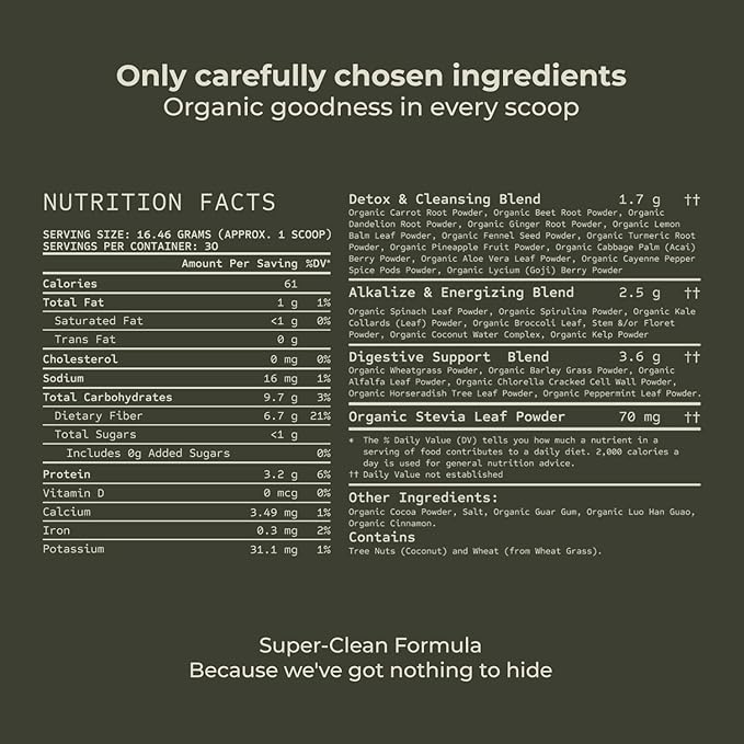 Greens Superfood Powder - Chocolate Flavor to Cleanse & Detox - Smoothie Mix Supplement with Organic Digestive Enzymes, Immune Support, Bloating Relief, Vegan, Low-Carb 30 Servings - by Detox Organics