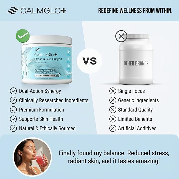 CalmGlo+ Stress & Skin Support Supplement Drink - Cortisol Reducer with Ashwagandha KSM-66, L-Theanine, Magnesium & Collagen Peptides - Adrenal Health & Mood Support - Raspberry Lemonade, 30 Servings