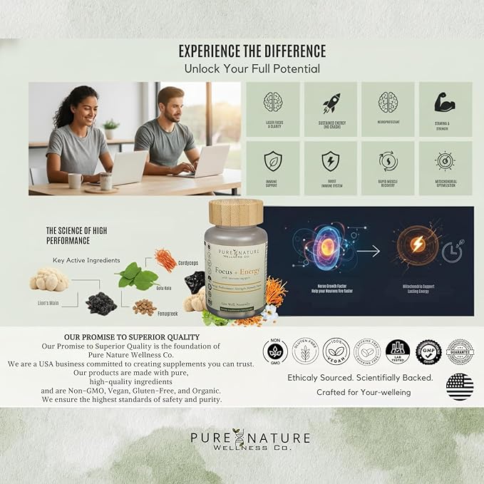 Pure Nature Wellness Focus + Energy + Immune Support-6-in-1 Nootropic & Mitochondrial Complex-Advanced Brain Supplement-Natural Energy-Caffeine Free Biohack with Lion’s Mane,Cordyceps,Mumijo,Fenugreek