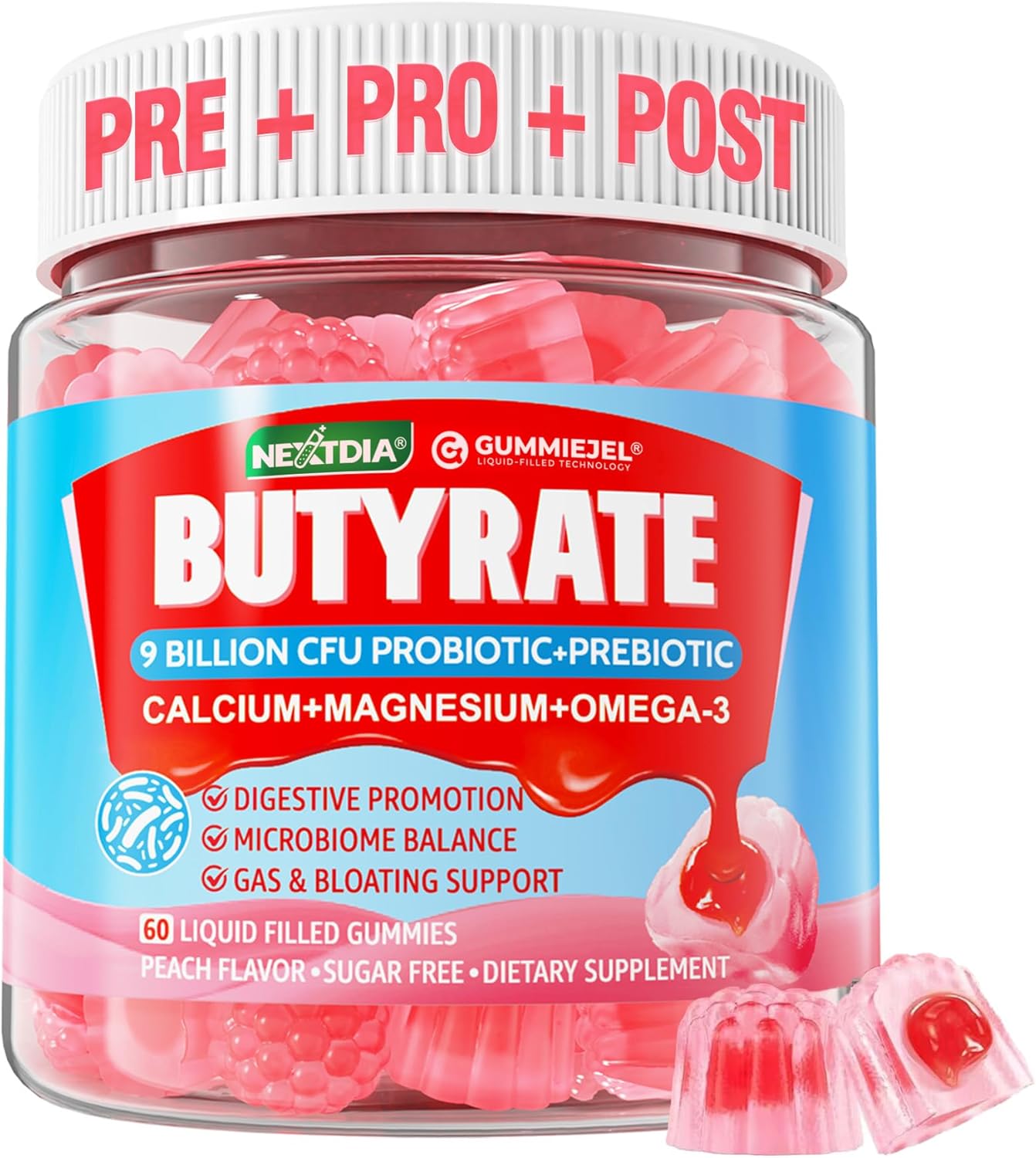 Butyrate Gummies with Probiotic + Prebiotic + Postbiotic, Omega-3 500mg,Fiber with 9 Billion CFU Probiotics, Calcium & Magnesium, Inulin,Psyllium Husk for Digestive Health,Bloating Support,Sugar Free