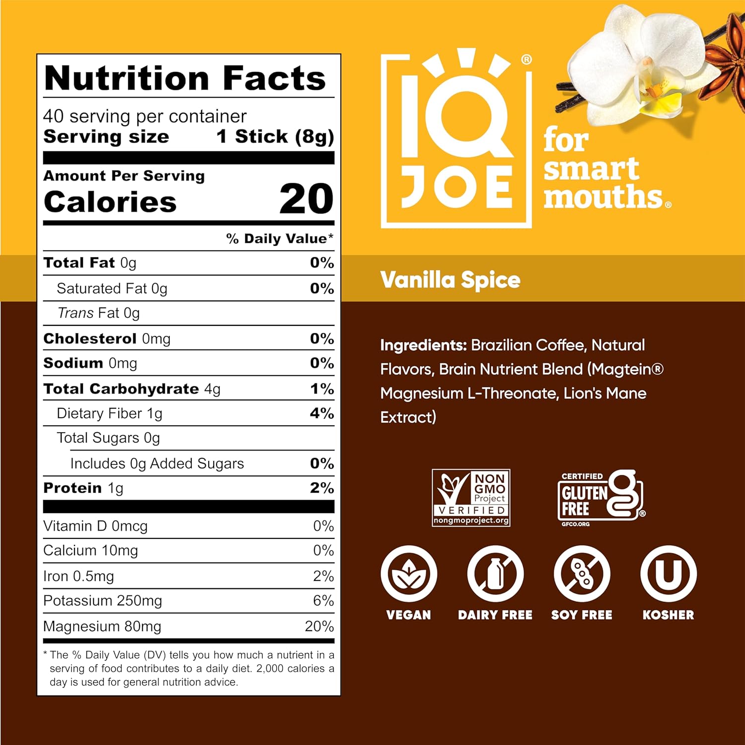 IQJOE Mushroom Coffee Packets (40 Servings) Lion’s Mane, Magtein Magnesium, Antioxidants, Adaptogens - Vanilla Spice - Instant Coffee for Focus, Clarity, Mood, Energy Boost - Sugar Free, Keto, Vegan