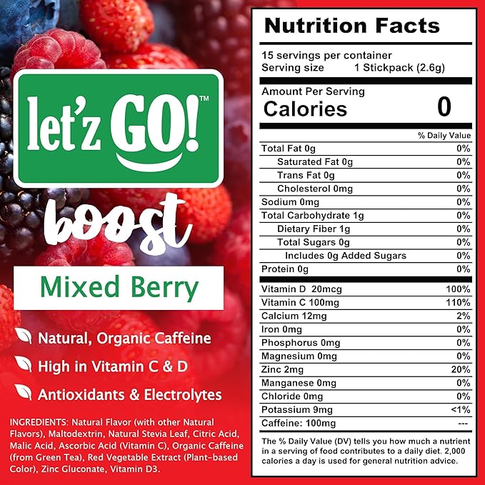 Let'z Go Clean Energy Drink Mix – Natural Caffeine Packets, Vitamins C + D, Electrolytes, Sugar-Free, Zero Calories | Anytime Energy | 15 Count (Mixed Berry)