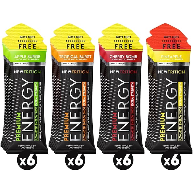 NewTrition® Extra Strength Energy Shots 1.7 fl oz - 250mg Caffeine with B Vitamins & Amino Acids, Sugar-Free Zero Calorie Vitamin Energy Drink for Focus & Endurance (Pack of 24, 4 Flavors - Mixed 2)