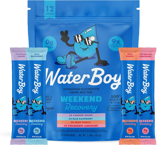 Waterboy Weekend Recovery Sample Pack | 3,200mg Electrolyte Powder Packets | Ginger + L-Theanine + Vitamins | No Sugar, All Natural, Gluten Free | 12 Drink Stick Mixes (Sample Pack)