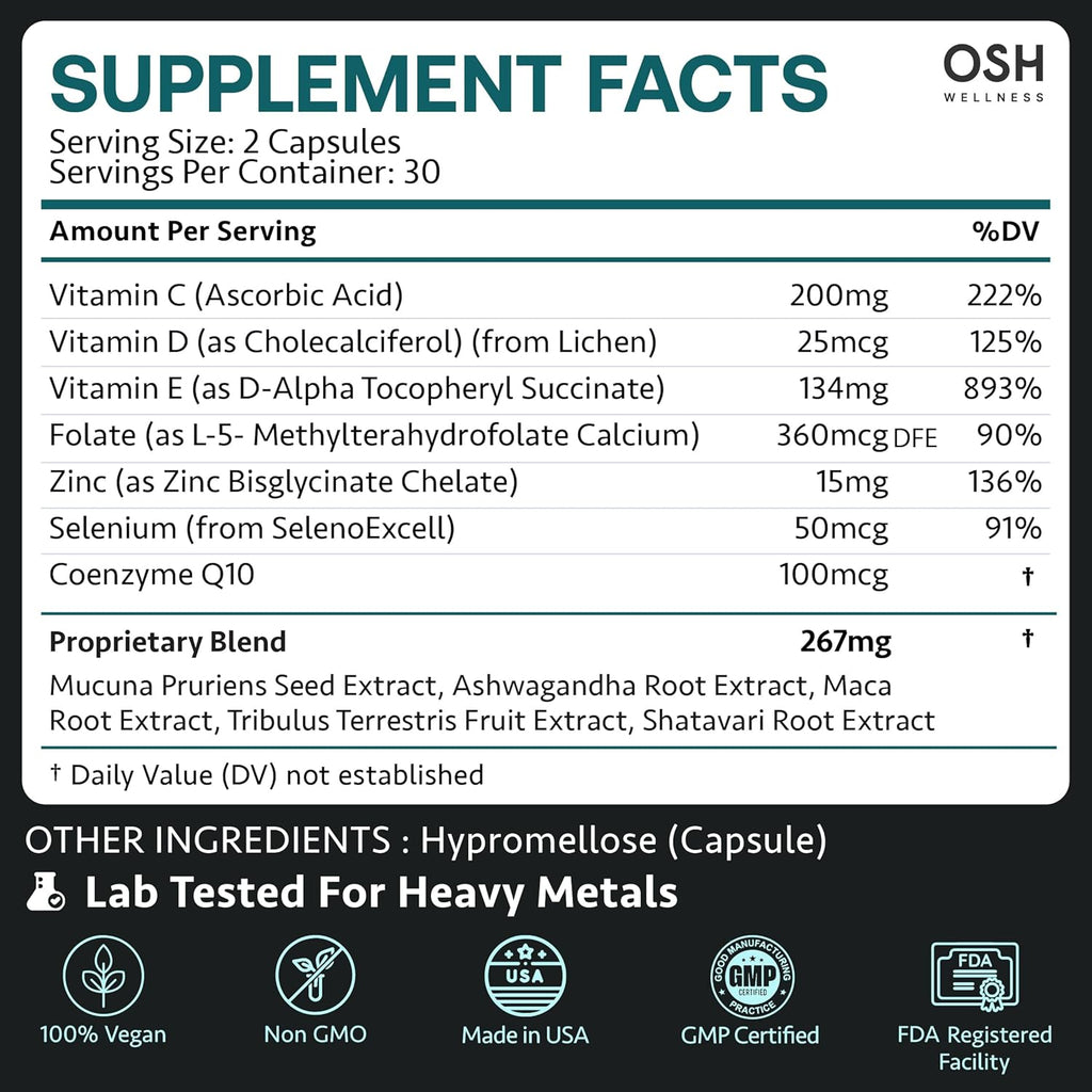 Osh Wellness Men's Fertility Support & Prenatal Vitamins, Ayurvedic support for Conception, Sperm Count, Motility & Volume - With Ashwagandha, Maca, CoQ10, Zinc (Pack of 1, Men Fertility Support)