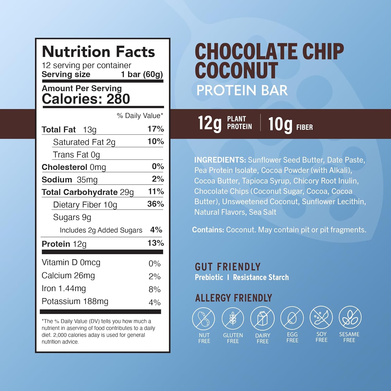 Amrita Nut Free Chocolate Chip Coconut Vegan Protein Bars (12 Count) | 12g Plant-Based Protein Bar | Peanut Free, Gluten Free, and Dairy Free | Low Sugar, High Fiber, Healthy School-Safe Snacks