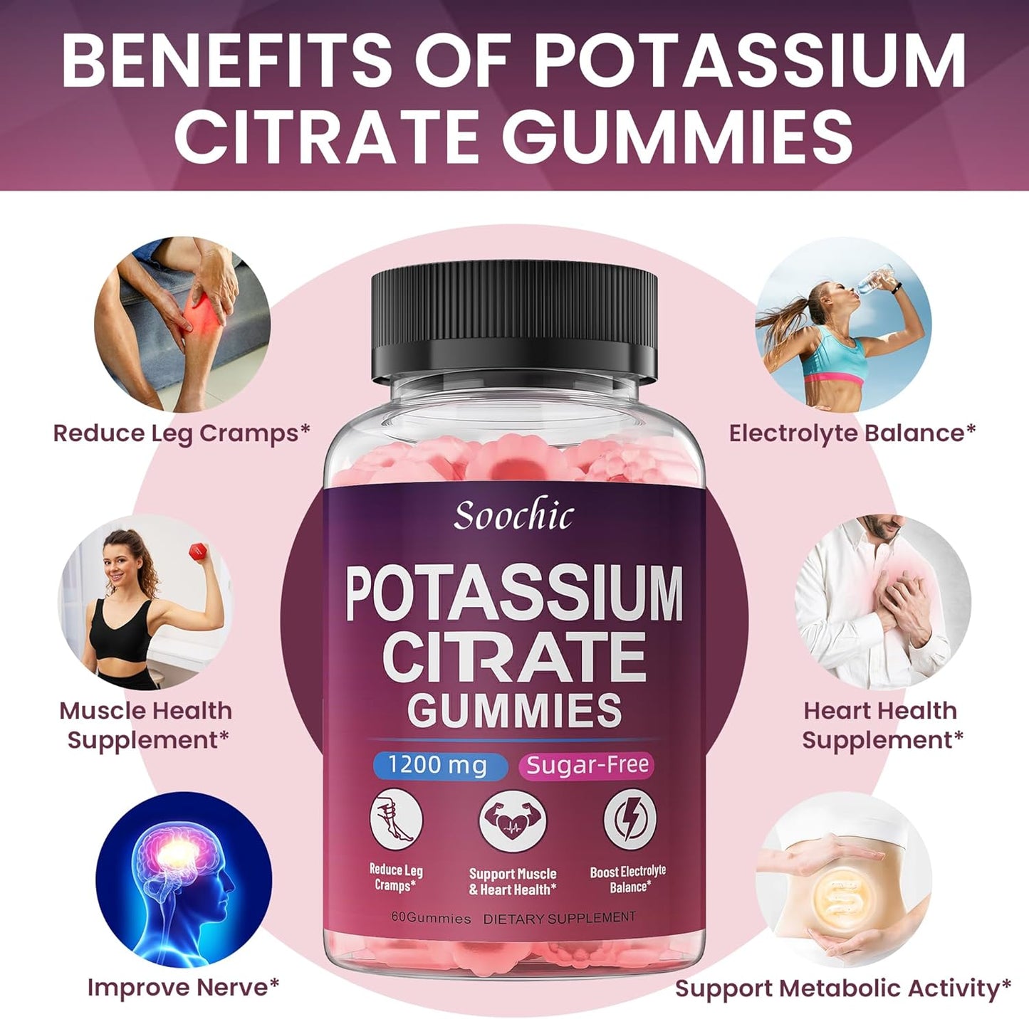Potassium Citrate Gummies - 1200mg Chewable Potassium Supplement for Men & Women - Supports Leg Cramps & Muscle Health - Vegan, Gluten Free, Sugar Free - Raspberry Flavor (60 Count)