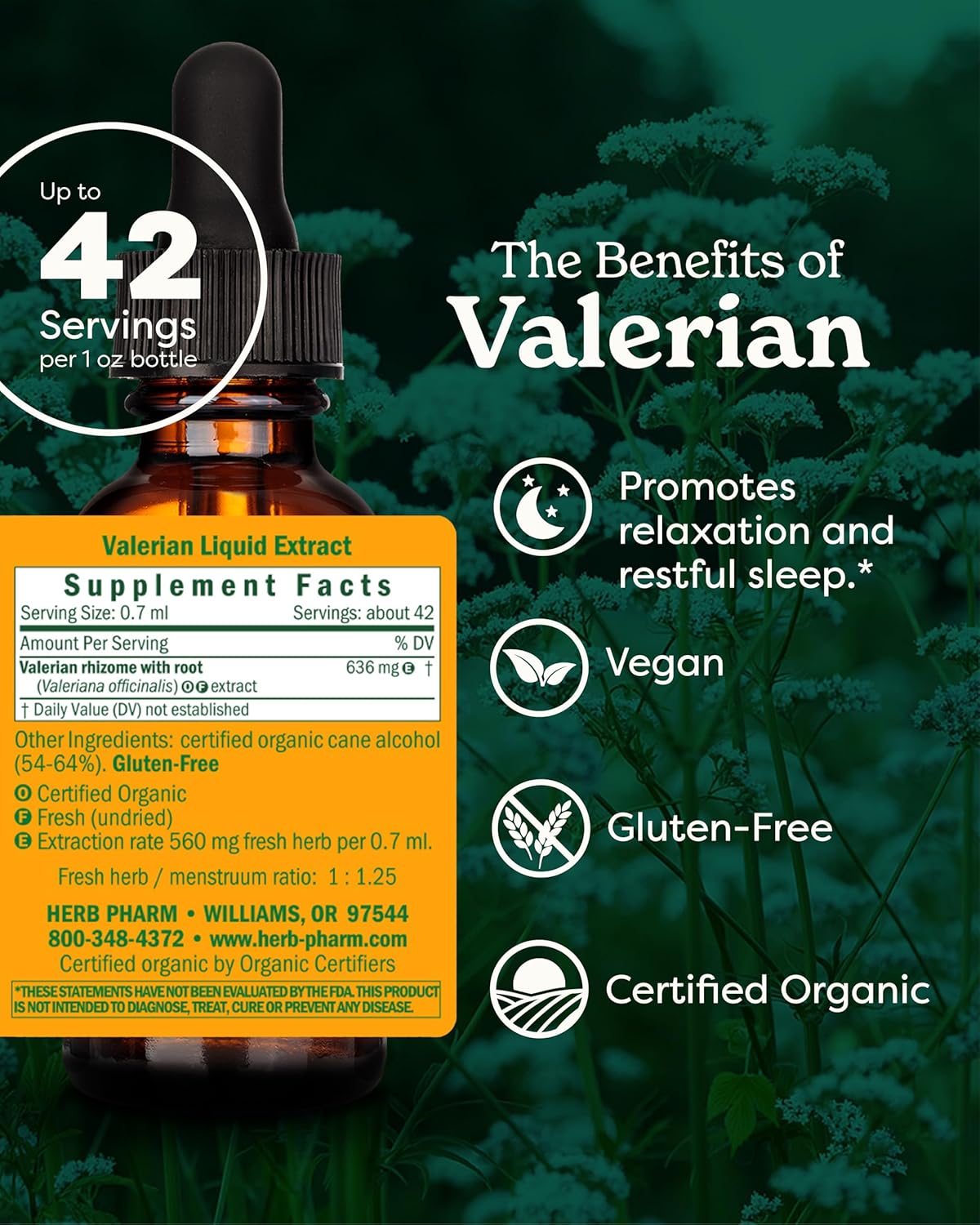 Herb Pharm Certified Organic Valerian Root Liquid Extract for Relaxation and Restful Sleep, Organic Cane Alcohol, 1 Ounce