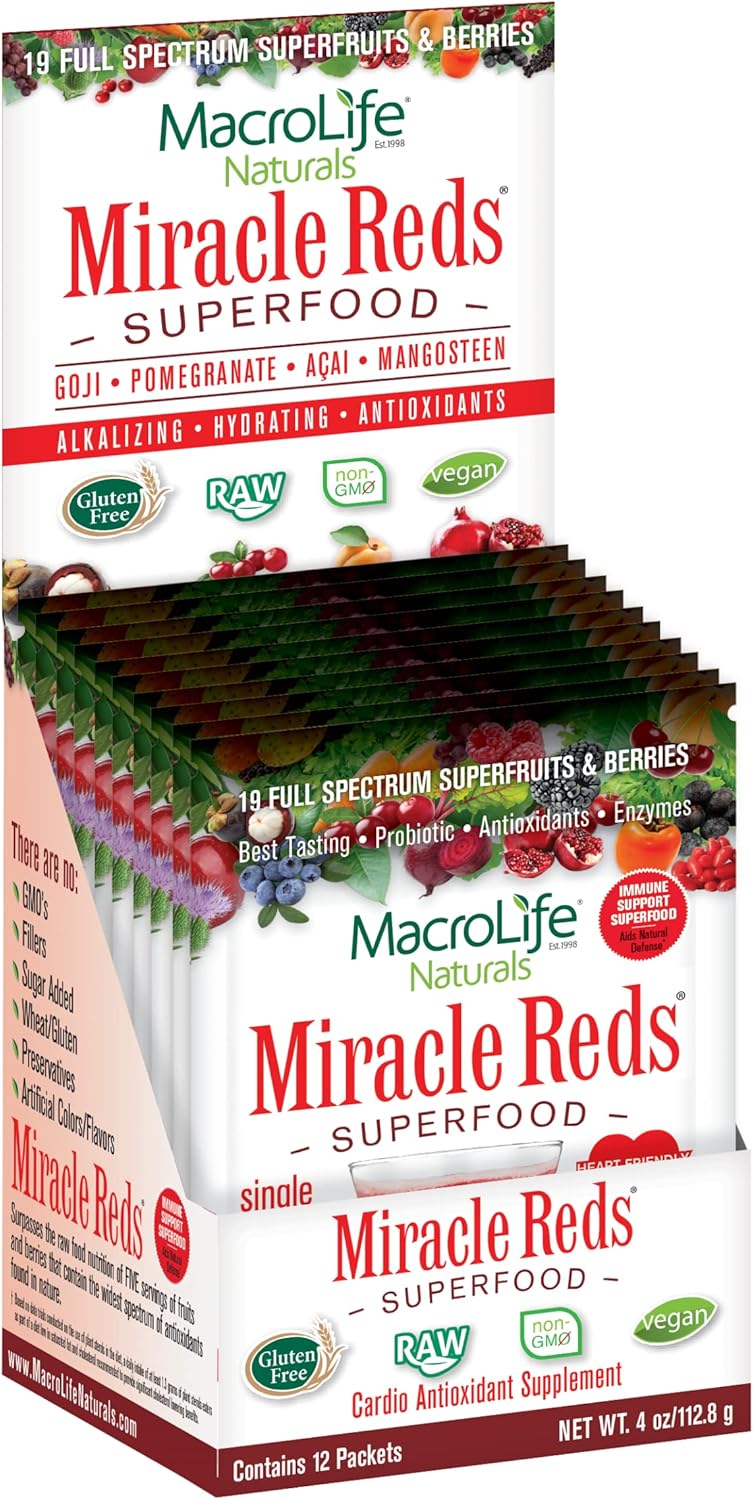 MacroLife Naturals Miracle Reds Superfood Powder 19 Blended Fruit & Berry Polyphenols Enzymes Probiotics & Antioxidants Supplement - Raw Non-GMO & Vegan Whole Food Vitamins - 12 Packet Servings