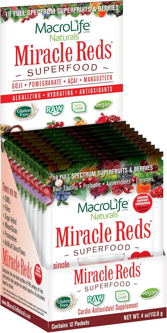 MacroLife Naturals Miracle Reds Superfood Powder 19 Blended Fruit & Berry Polyphenols Enzymes Probiotics & Antioxidants Supplement - Raw Non-GMO & Vegan Whole Food Vitamins - 12 Packet Servings