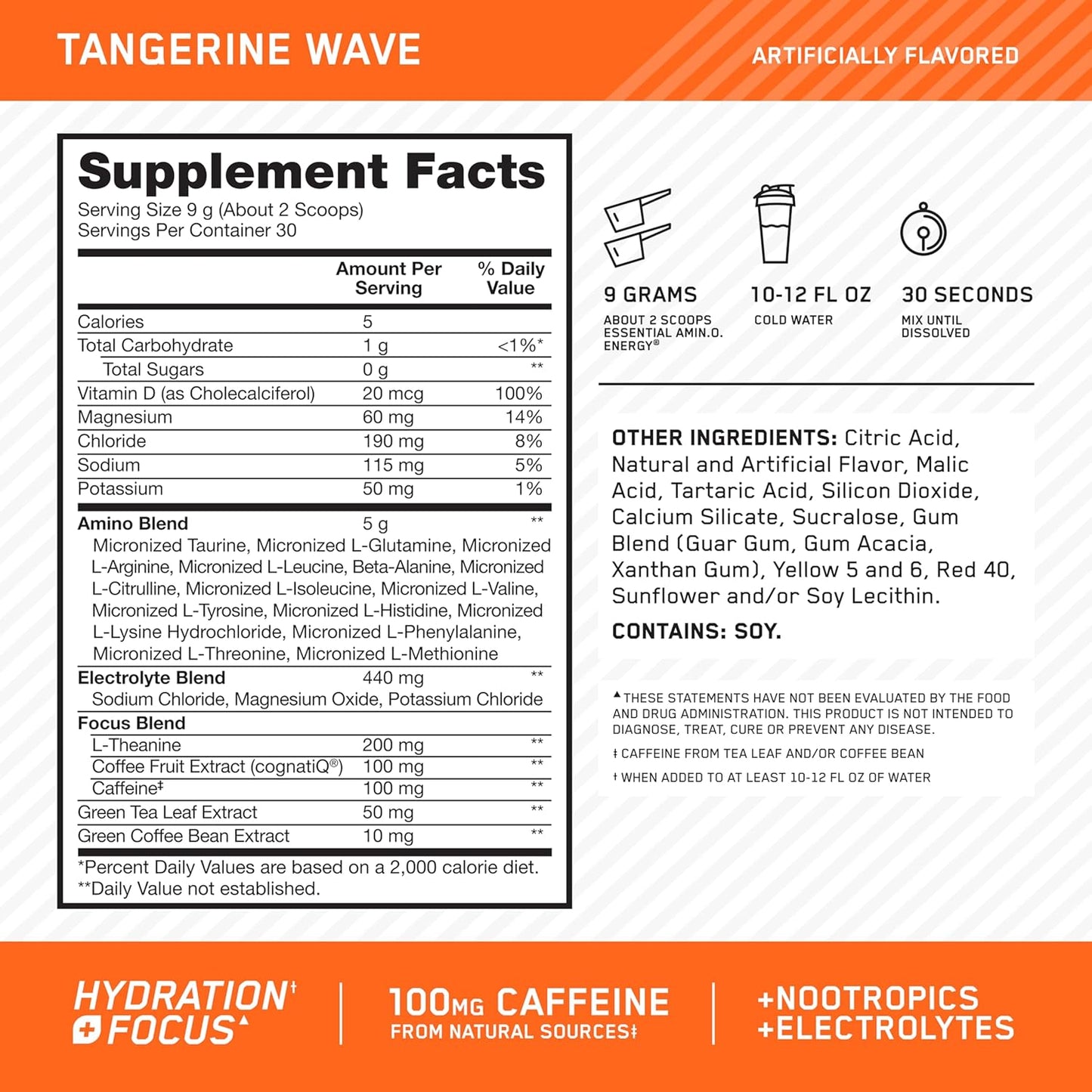Optimum Nutrition Amino Energy Powder Plus Hydration, with BCAA, Electrolytes, and Caffeine, Tangerine Wave, 30 Servings (Packaging May Vary)