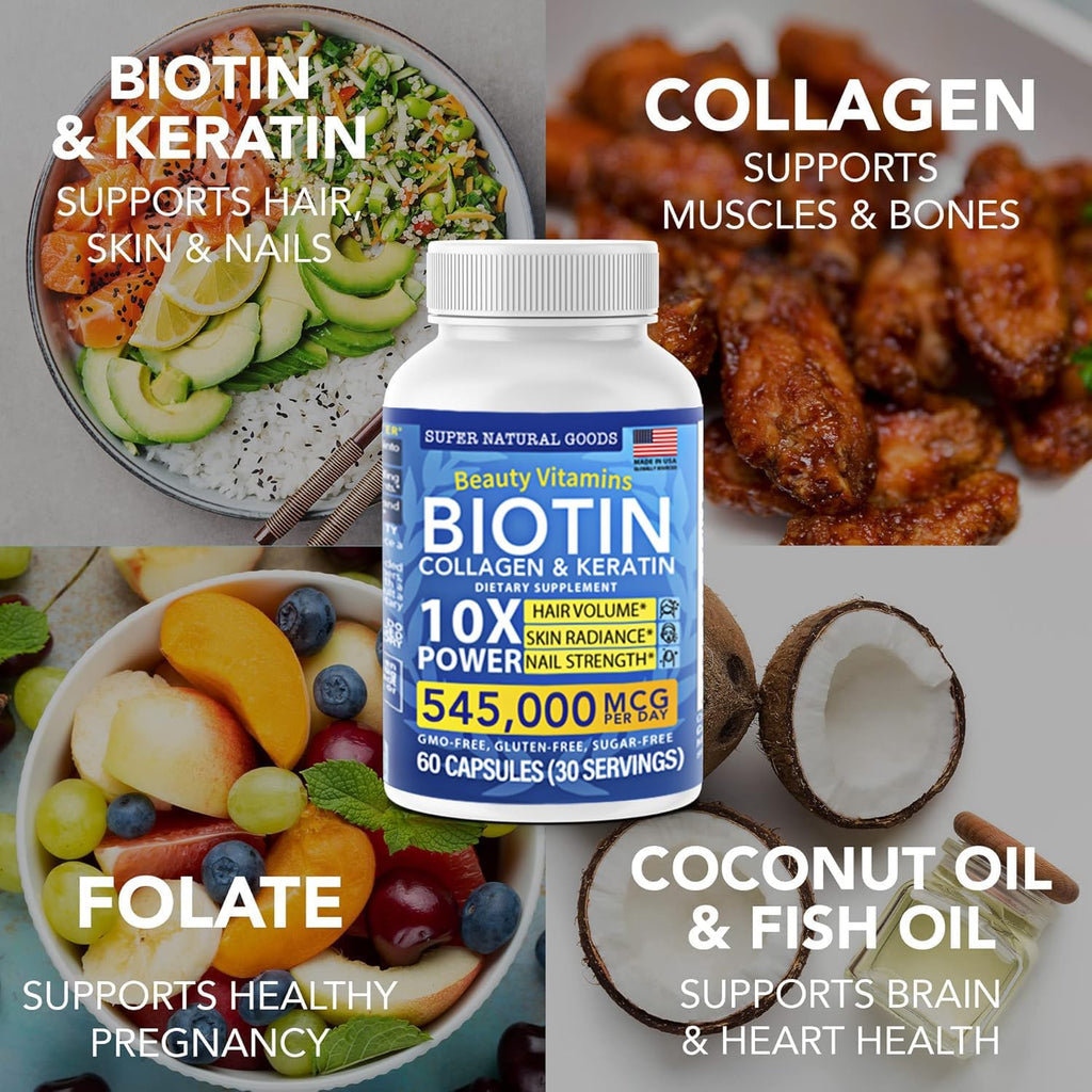 Biotin and Collagen Vitamins + Keratin with Folate - Hair Loss Treatments for Women & Men - Follicle, Skin and Nails Supplements for Hair Growth & Postpartum Support - GMO Free & Gluten Free (60 Caps)