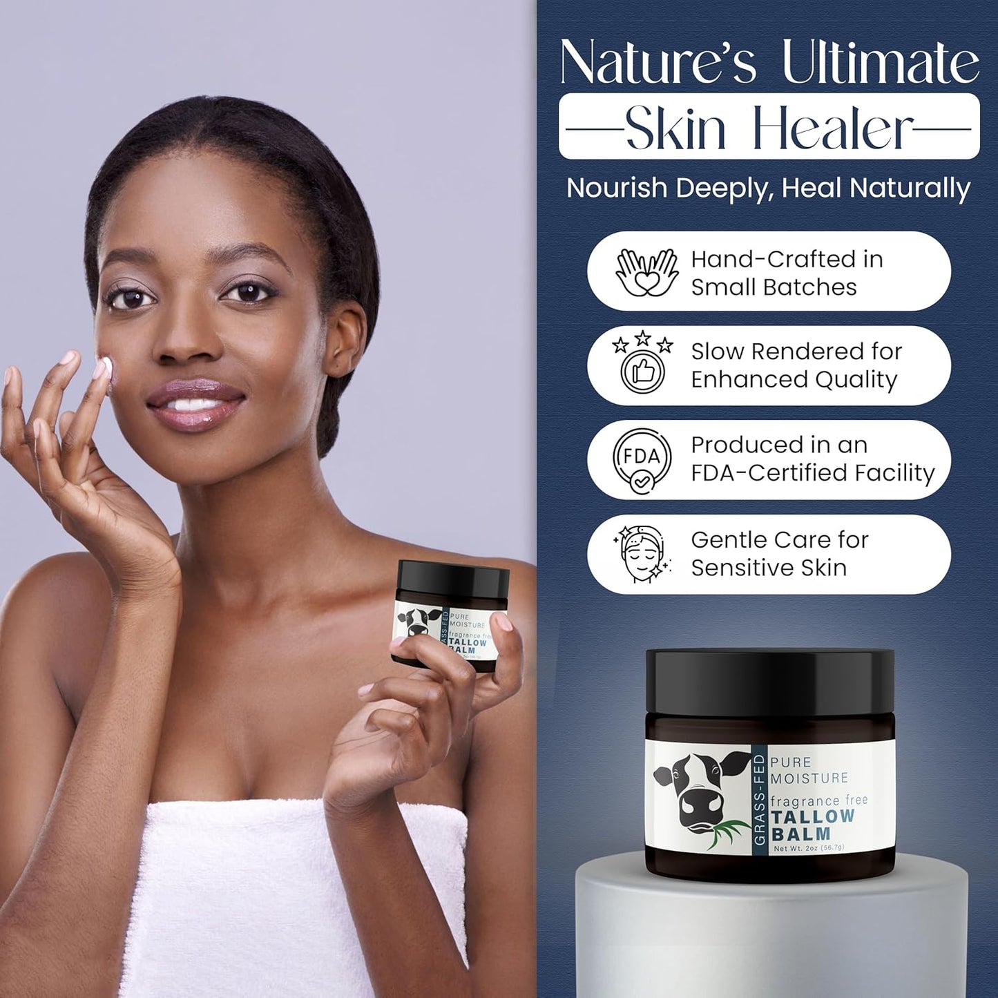 Beef Tallow for Skin - Handmade Organic Grass Fed Beef Tallow Face Moisturizer - Lavender Scented Beef Tallow Balm with Deep Hydration, Soothing Relief, Skin Repair is Great Gift Idea for Women