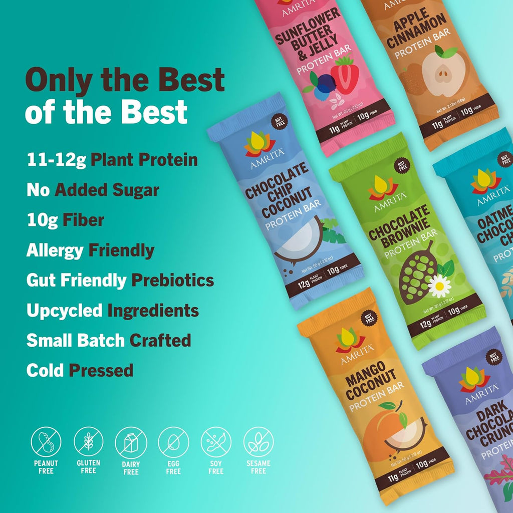 Amrita Nut Free 6 Flavor Variety Pack Vegan Protein Bars (12 CT) | 11g to 12g Plant-Based Protein Bar | Peanut Free, Gluten Free, and Dairy Free | Low Sugar, High Fiber, Healthy School-Safe Snacks