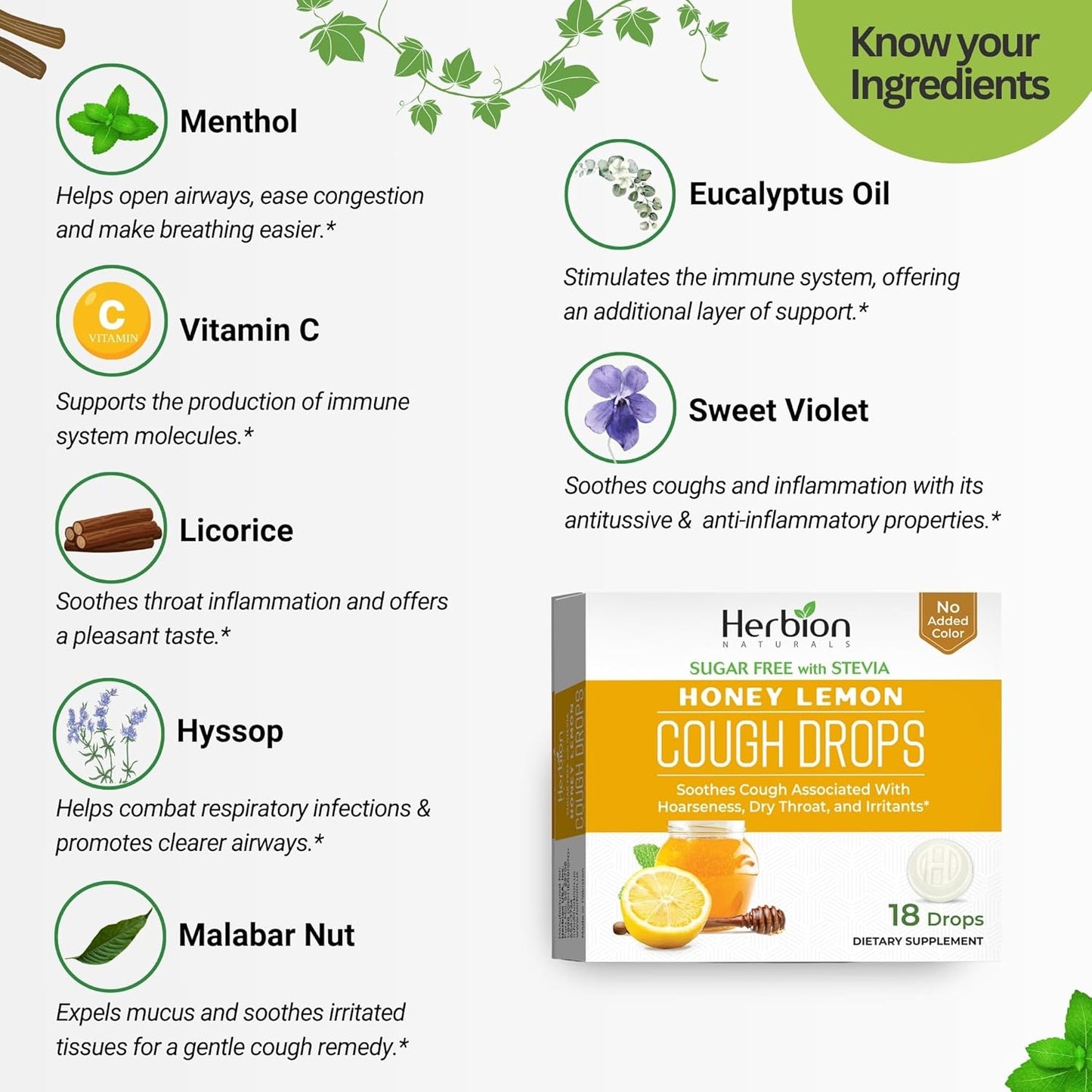 HERBION Naturals Cough Drops, Sugar-Free with Stevia, Dietary Supplement, Soothes Cough, for Adults & Children Over 6 Years, 25 Drops Each, 108 Count, Honey Lemon, Pack of 6