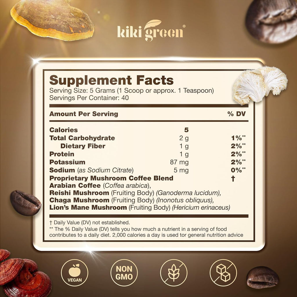KIKI Green Mushroom Coffee - Instant Arabica Brew with Reishi, Chaga, Lion's Mane - Everyday Alternative for Focus, Energy, Immunity - 7 oz, 40 Servings