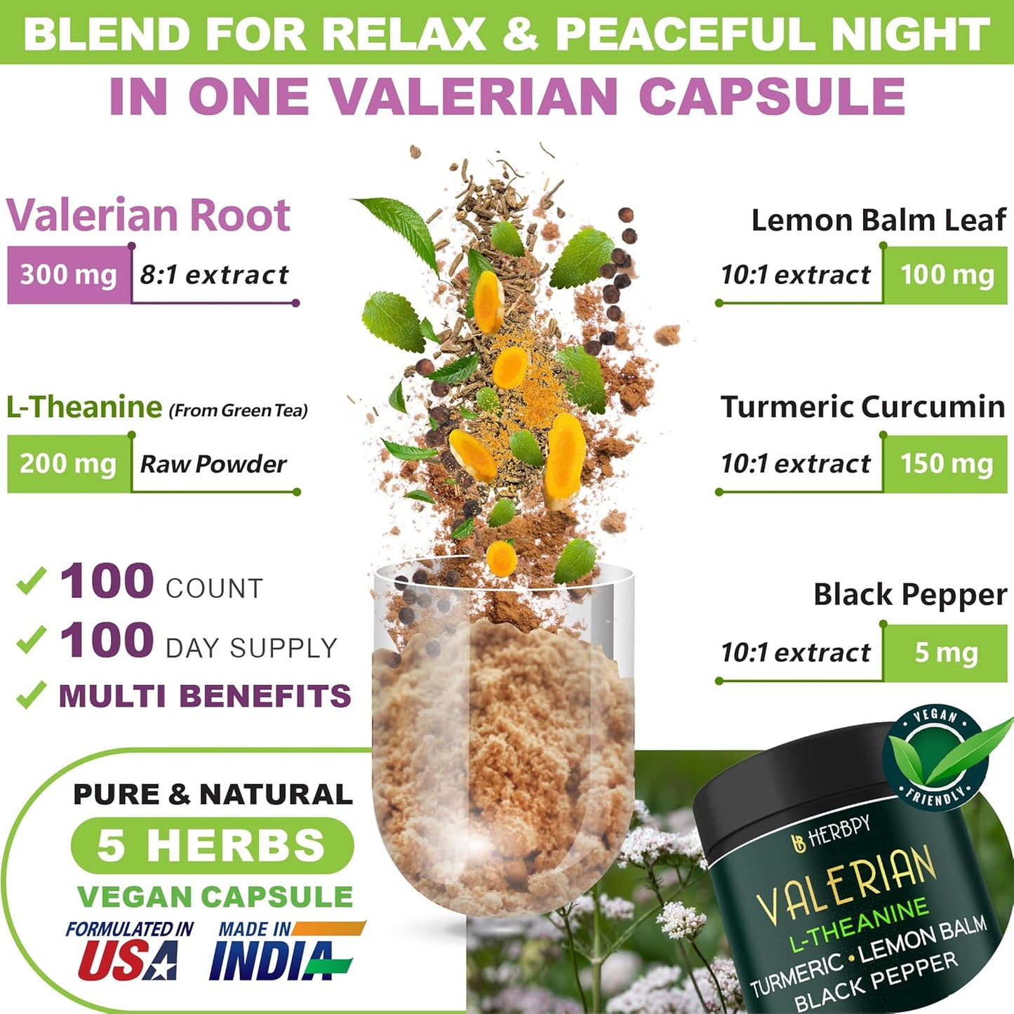 5in1 Valerian Root Capsules Plus L-Theanine, Lemon Balm, Turmeric and Black Pepper for Relaxation, Restful Night, Digestion & Immune Support - 100 Count