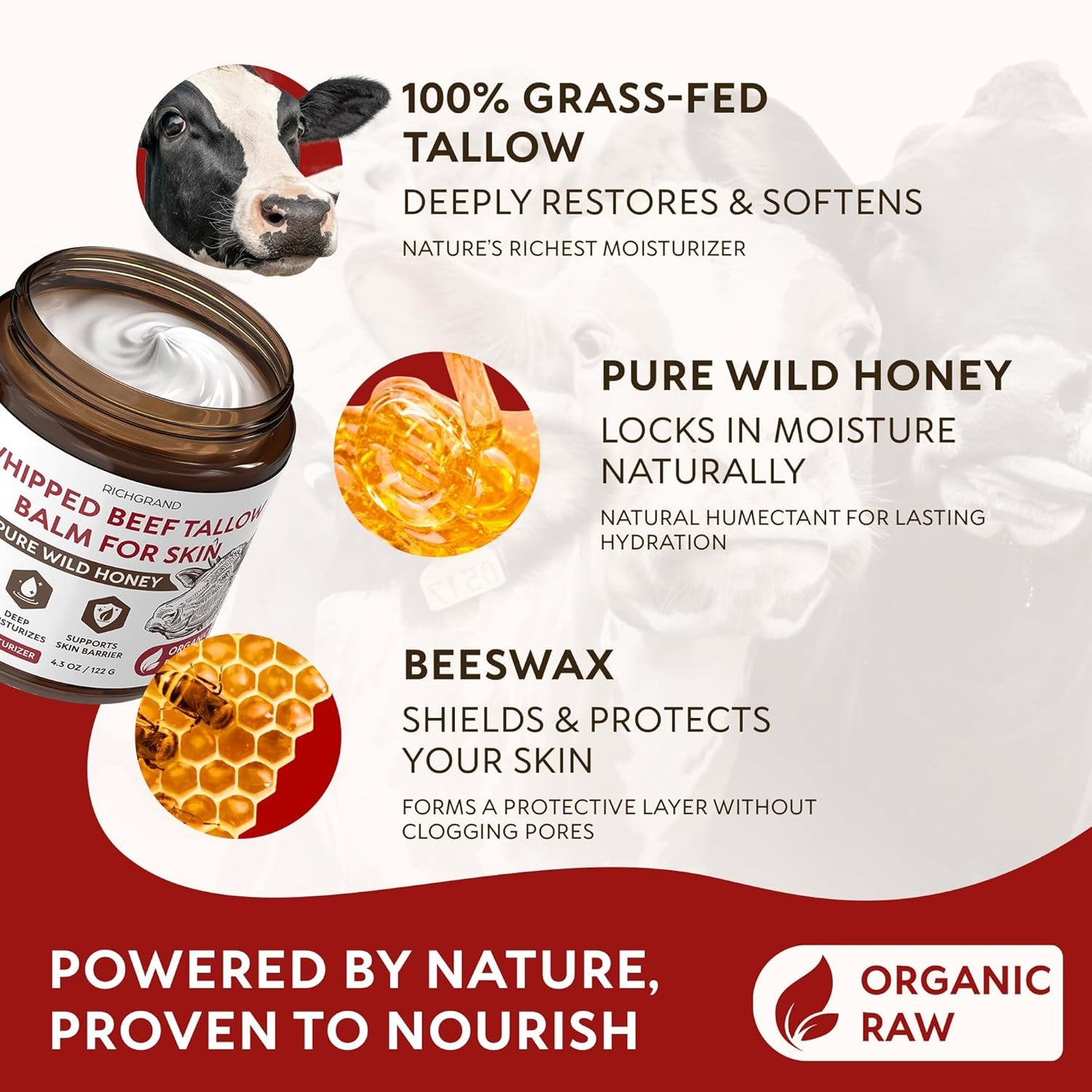 Beef Tallow for Skin - Whipped Tallow and Honey Balm - Grass Fed Beef Tallow for Face, Daily Moisturizer & Body Butter - Natural Non Comedogenic Skincare (4.3 oz)