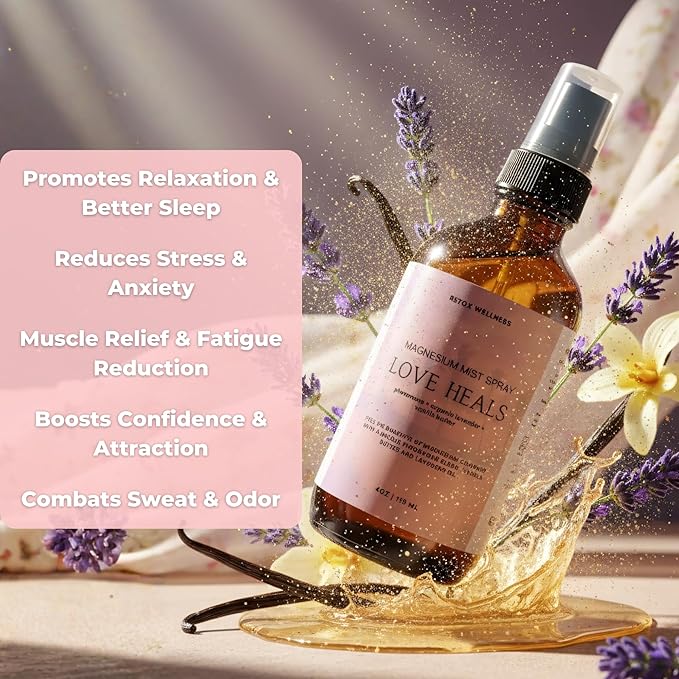 LOVE HEALS Magnesium Mist| Pure Magnesium Oil Spray with Lavender & Vanilla| Body & Foot Spray Refreshes Tired Skin| Calming Essential Oils for Relaxing & Uplifting Feel, 4oz