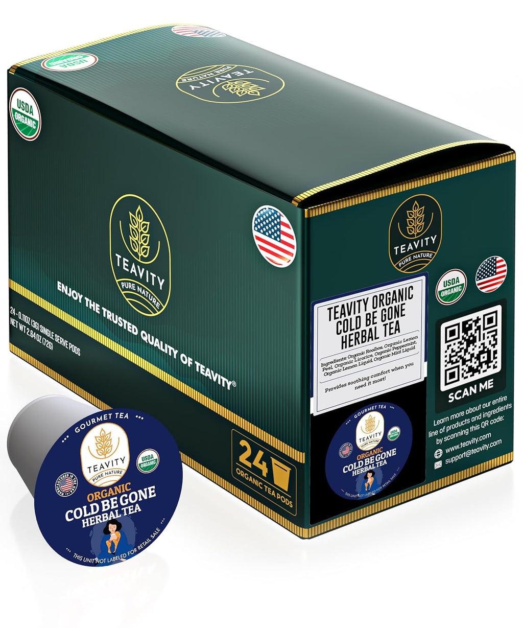 Organic Rooibos Tea Pods for Keurig with Lemon, Mint, Licorice - Unsweetened Decaf Tea for K Cup Brewing - Cold Be Gone by Teavity (24 Tea Pods)
