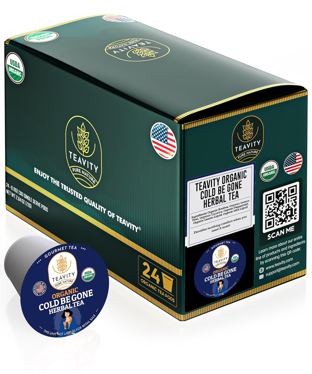 Organic Rooibos Tea Pods for Keurig with Lemon, Mint, Licorice - Unsweetened Decaf Tea for K Cup Brewing - Cold Be Gone by Teavity (24 Tea Pods)