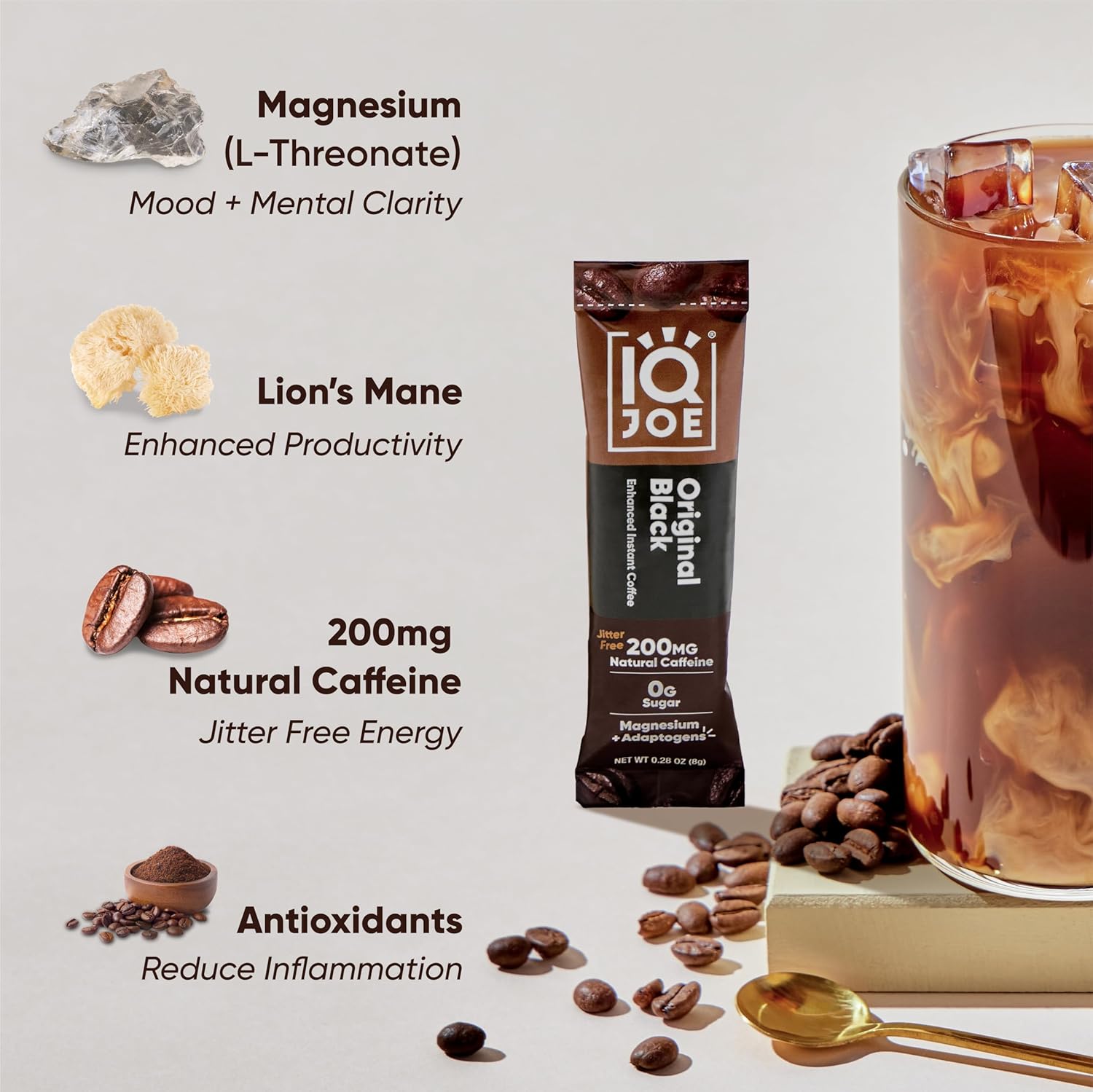 IQJOE Mushroom Coffee Packets (40 Servings) Lion’s Mane, Magtein Magnesium, Antioxidants, Adaptogens - Original Black - Instant Coffee for Focus, Clarity, Mood, Energy Boost - Sugar Free, Keto, Vegan