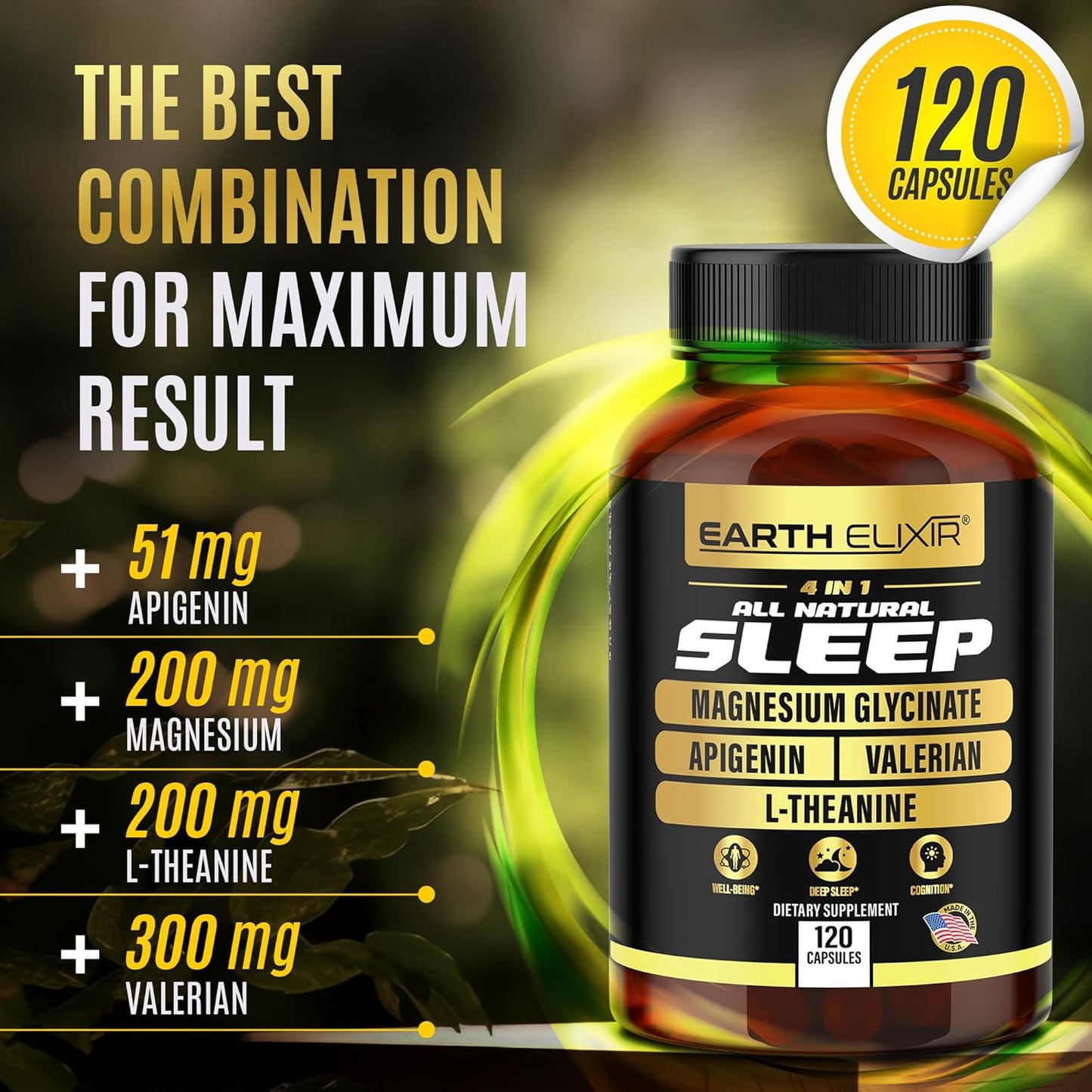 Earth Elixir 4-in-1 Sleep Aid (120 Caps) w/Apigenin 50mg, Magnesium Glycinate 200mg, L Theanine 200mg & Valerian Root for Sleep Aid 300mg | Apigenin Supplement for Sleep | Sleeping Pills