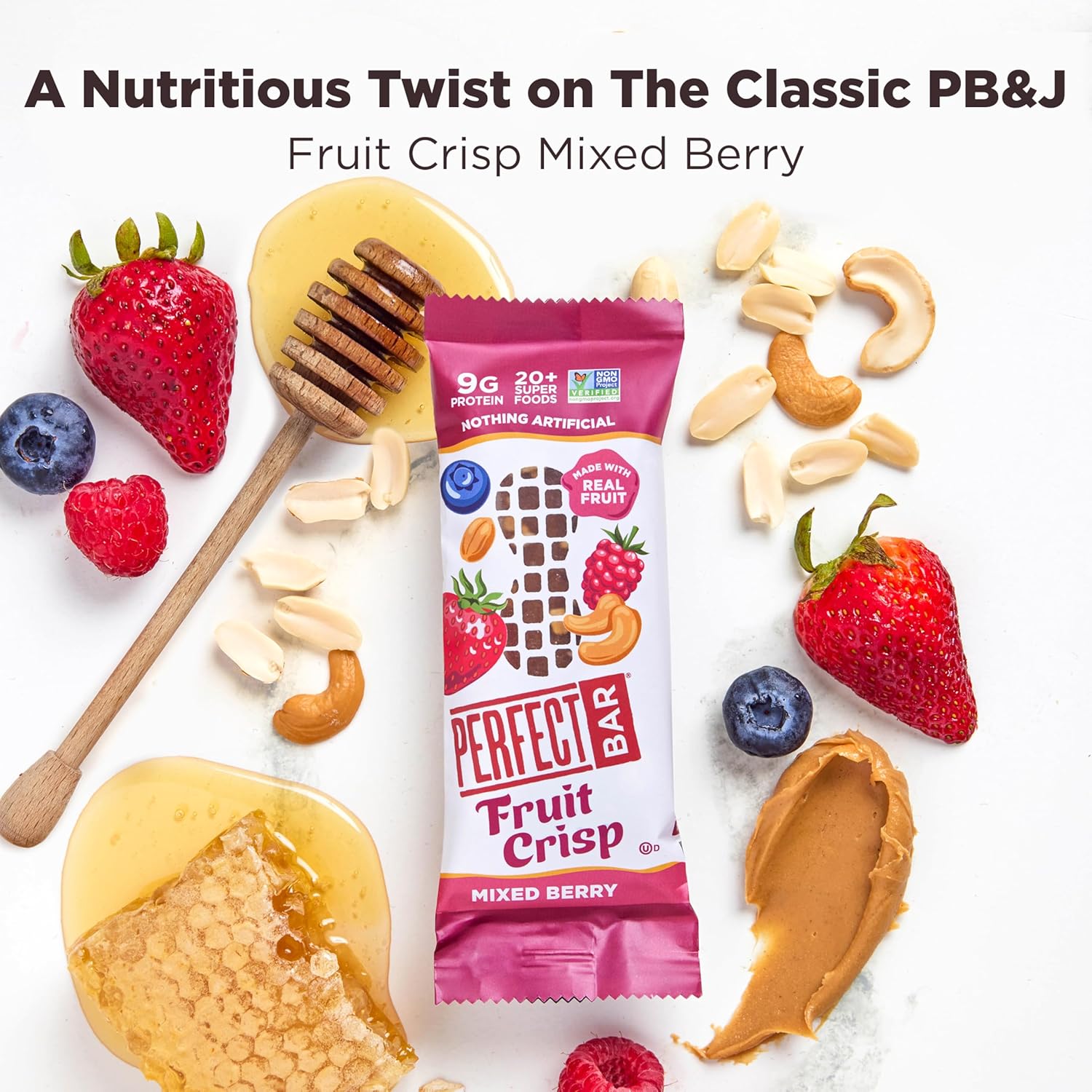 Perfect Bar Fruit Crisp, Mixed Berry Nut Butter Protein Bar, Protein Snack, Gluten Free, Soy Free, Non GMO, No Sugar Alcohols, 1.9 Ounce Bar, 10 Count