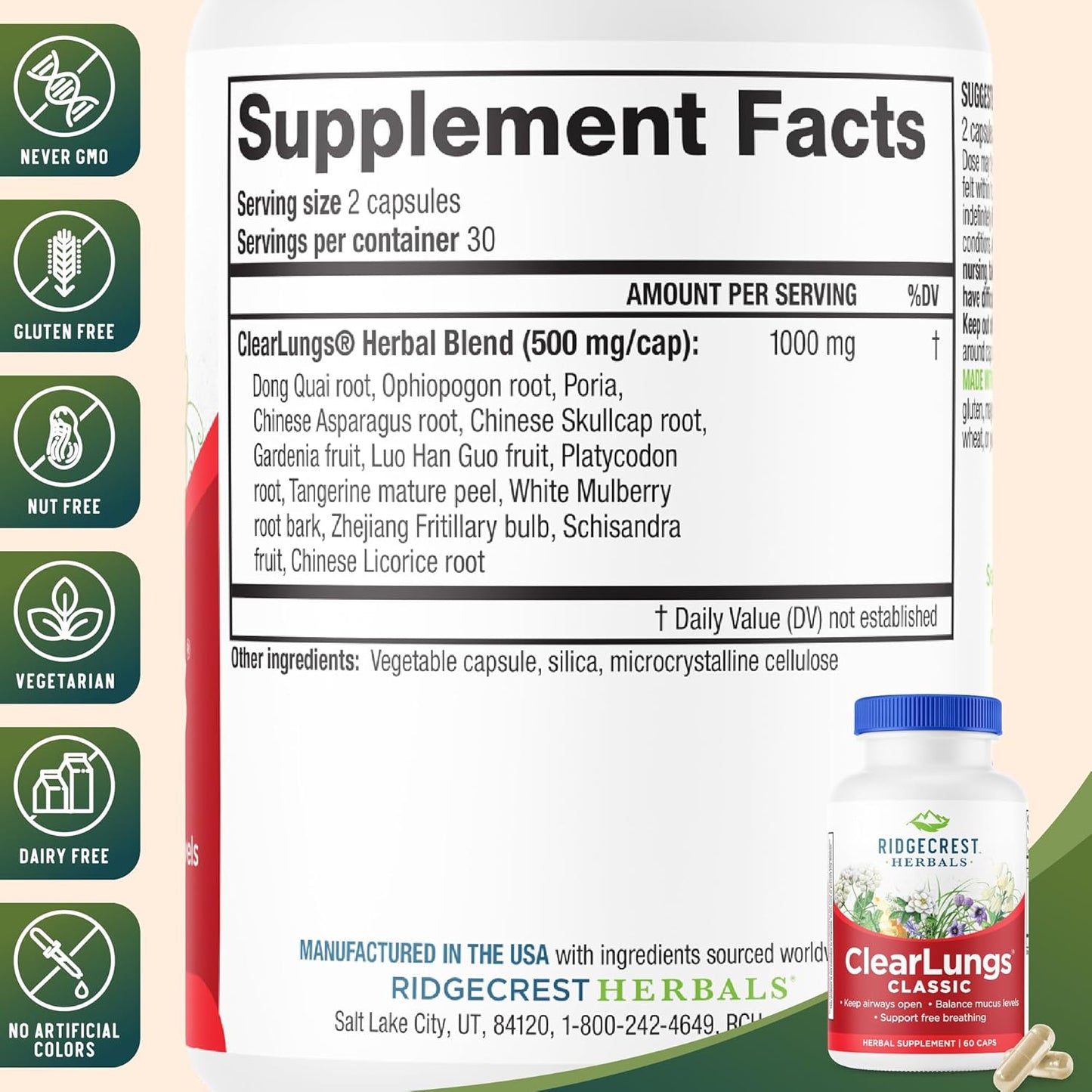 RidgeCrest Herbals ClearLungs Classic, Natural Lung and Nasal Daily Health Supplement for Bronchial, Respiratory, Immune, Sinus, and Mucus Wellness Support, Herbal Formula (60 Caps, 30 Serv)