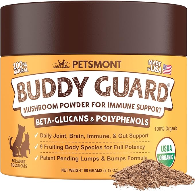 Petsmont Buddy Guard for Lumps and Bumps, Lipoma for Dogs & Cats, Patent Pending Organic 9 Mushroom Powder Blend Natural Dog Probiotic & Immune Support Chaga, Reishi, Lion's Mane, Turkey Tail Mushroom